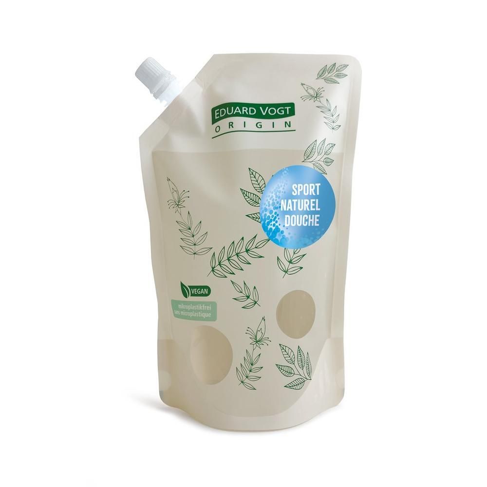 Zakje met witte dop. Opschrift: Eduard Vogt Origin, Sport Naturel Douche. Groene bladeren illustraties en Vegan logo.