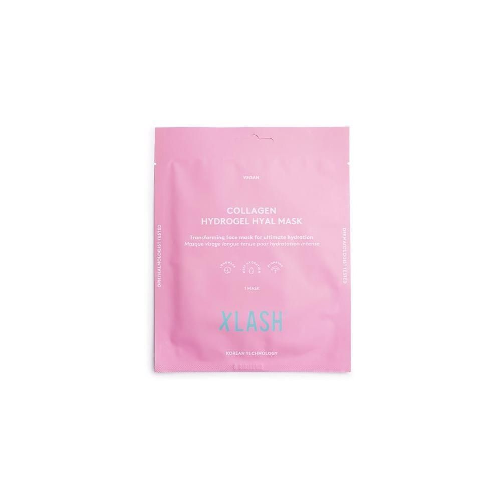 Emballage rose avec nom et logo du produit. Inscription: COLLAGEN HYDROGEL HYAL MASK. Marque: XLASH. Imprimés: icônes, texte.