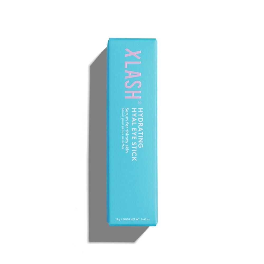 Emballage bleu turquoise avec texte rose. Contient XLASH et HYAL EYE STICK. 10g.