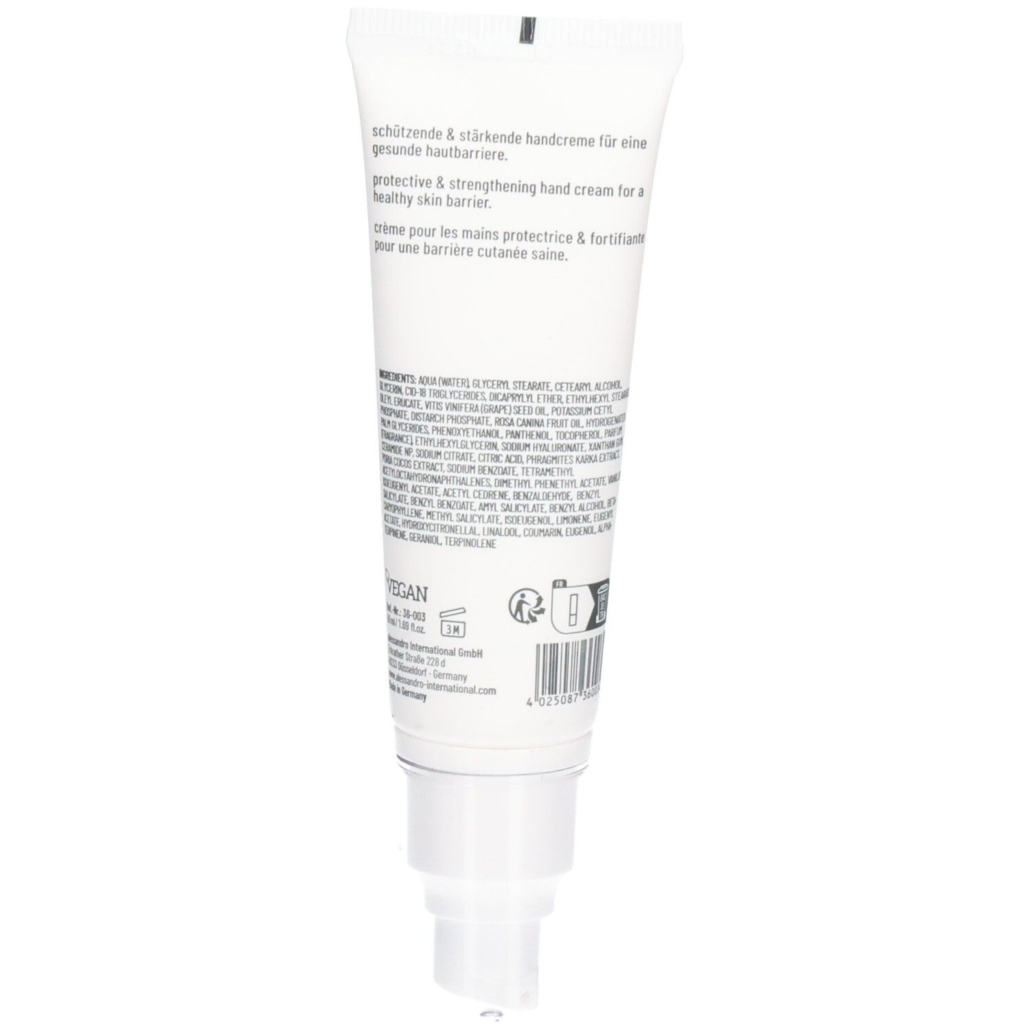Witte tube met pompdos, voorzien van productinformatie en ingrediënten.