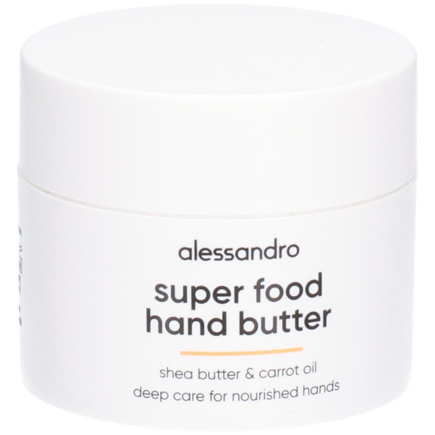 Witte pot met deksel. Opschrift: Alessandro, Super Food Hand Butter, shea butter & wortelolie. Pot staat.