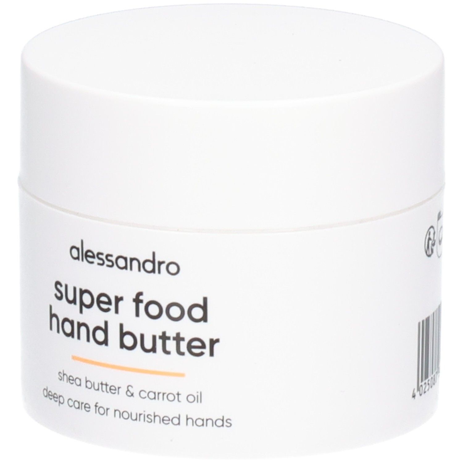 Witte pot met deksel. Opschrift: Alessandro, Super Food Hand Butter, shea butter & wortelolie. Pot staat.