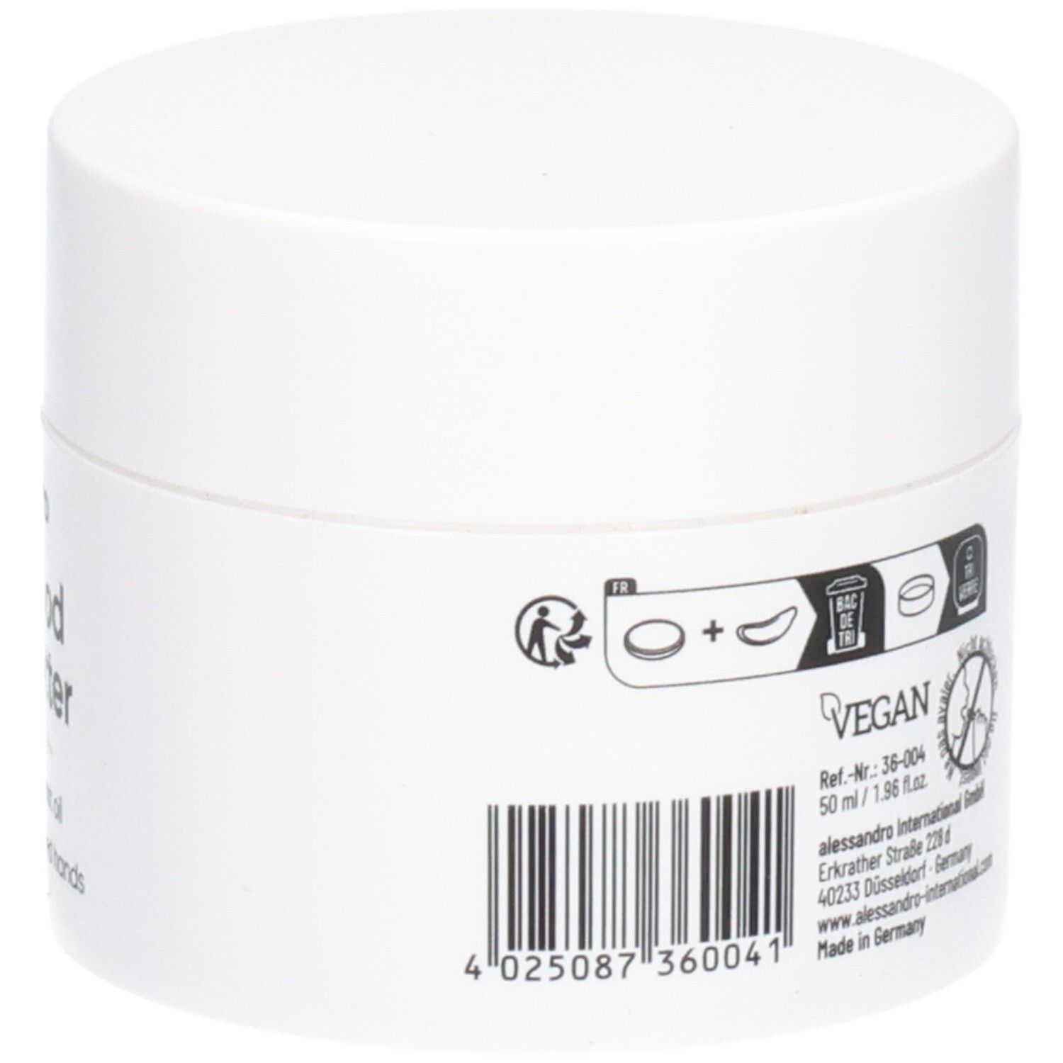 Witte pot met deksel. Opschrift en barcode. Vegan-zegel. Pot staat.