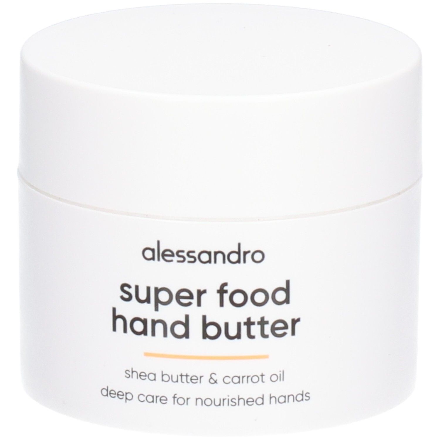 Witte pot met deksel. Opschrift: Alessandro, Super Food Hand Butter, shea butter & wortelolie. Pot staat.