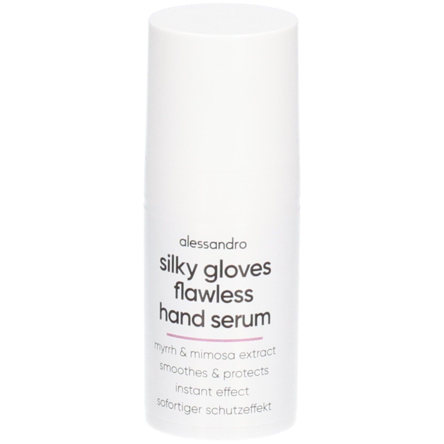Flacon blanc de sérum mains Silky Gloves d'Alessandro. Contient de l'extrait de myrrhe et de mimosa.