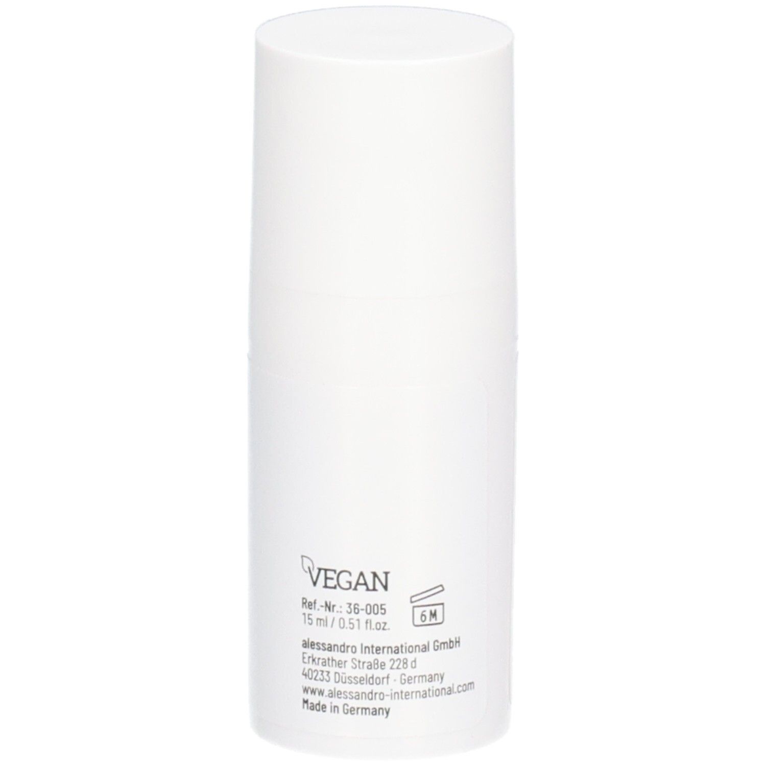 Flacon blanc avec sceau végan, Réf. 36-005, 15 ml/0.51 fl.oz. et informations fabricant.