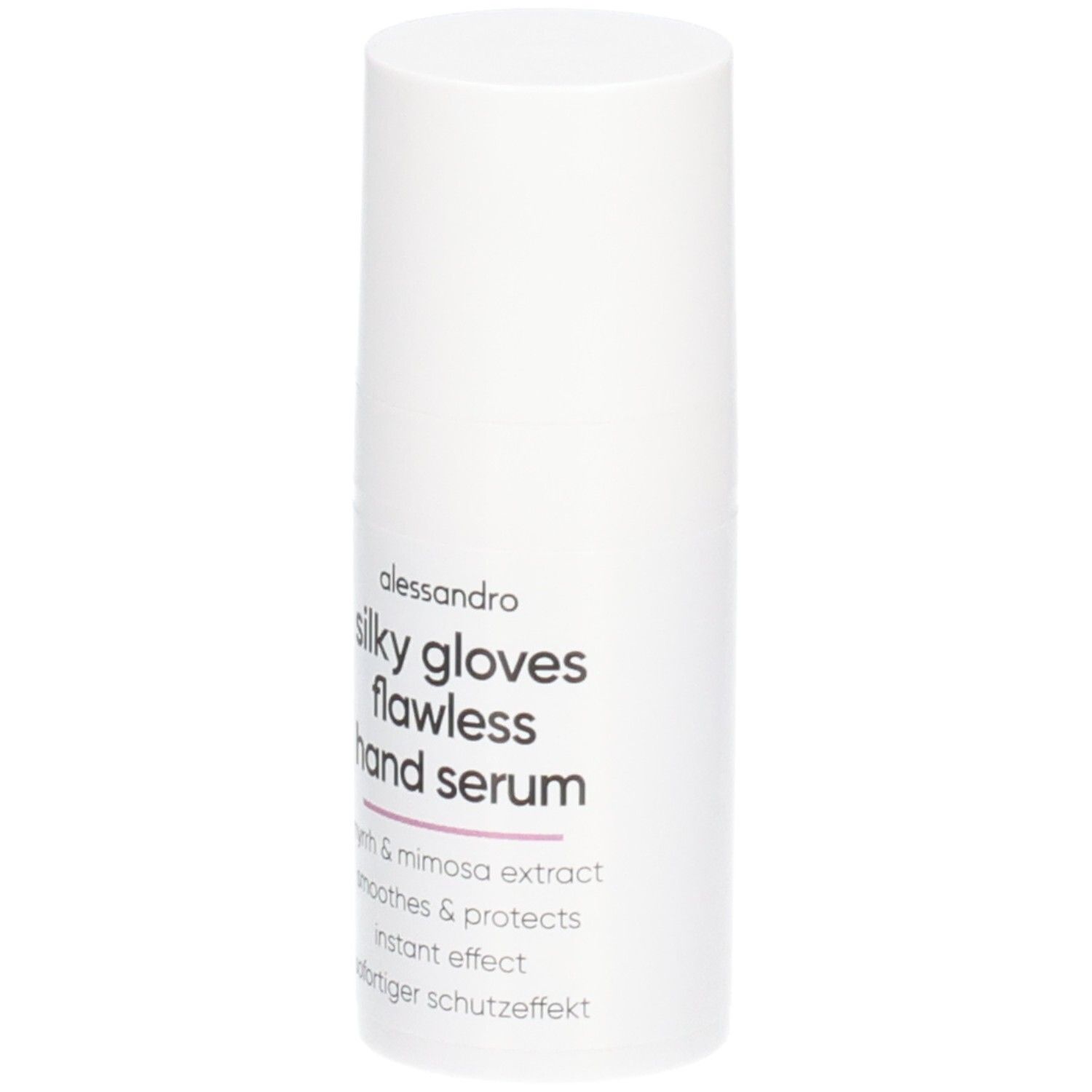 Flacon blanc de sérum pour les mains Alessandro Silky Gloves. Contient de l'extrait de mimosa pour un effet immédiat.