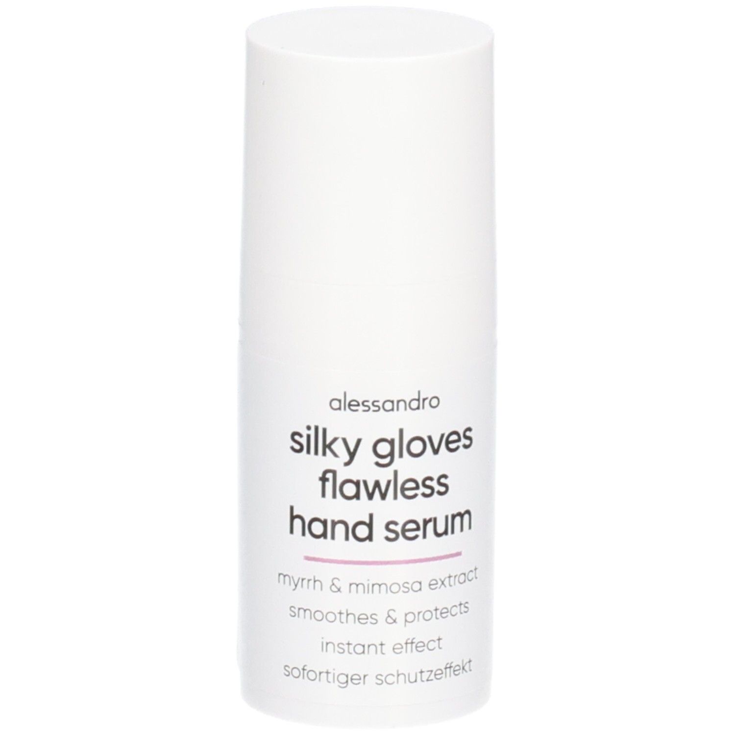 Flacon blanc de sérum pour les mains Alessandro Silky Gloves. Contient de la myrrhe et de l'extrait de mimosa.