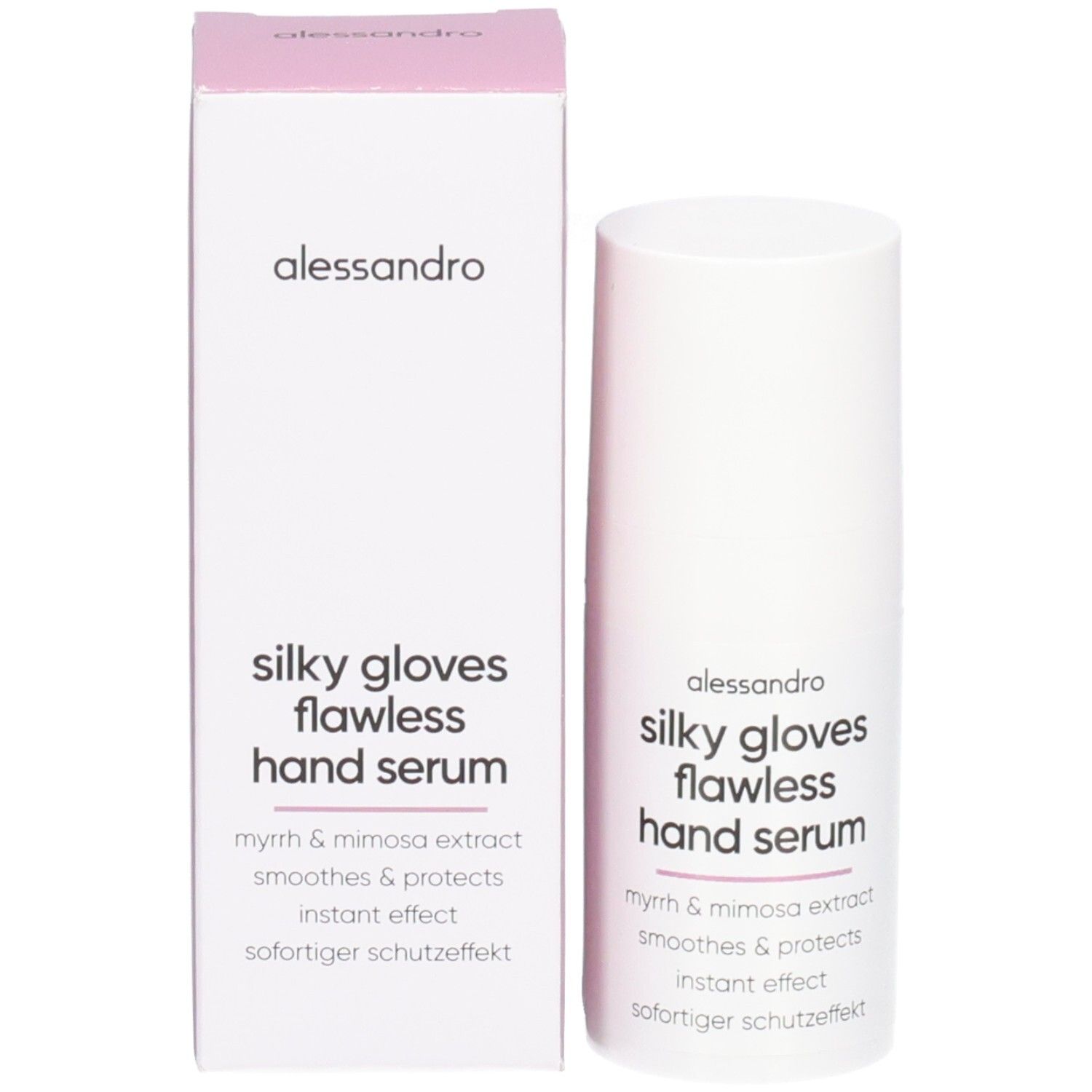 Sérum mains 'Silky Gloves Flawless' d'Alessandro dans un flacon blanc avec des accents roses et son emballage.