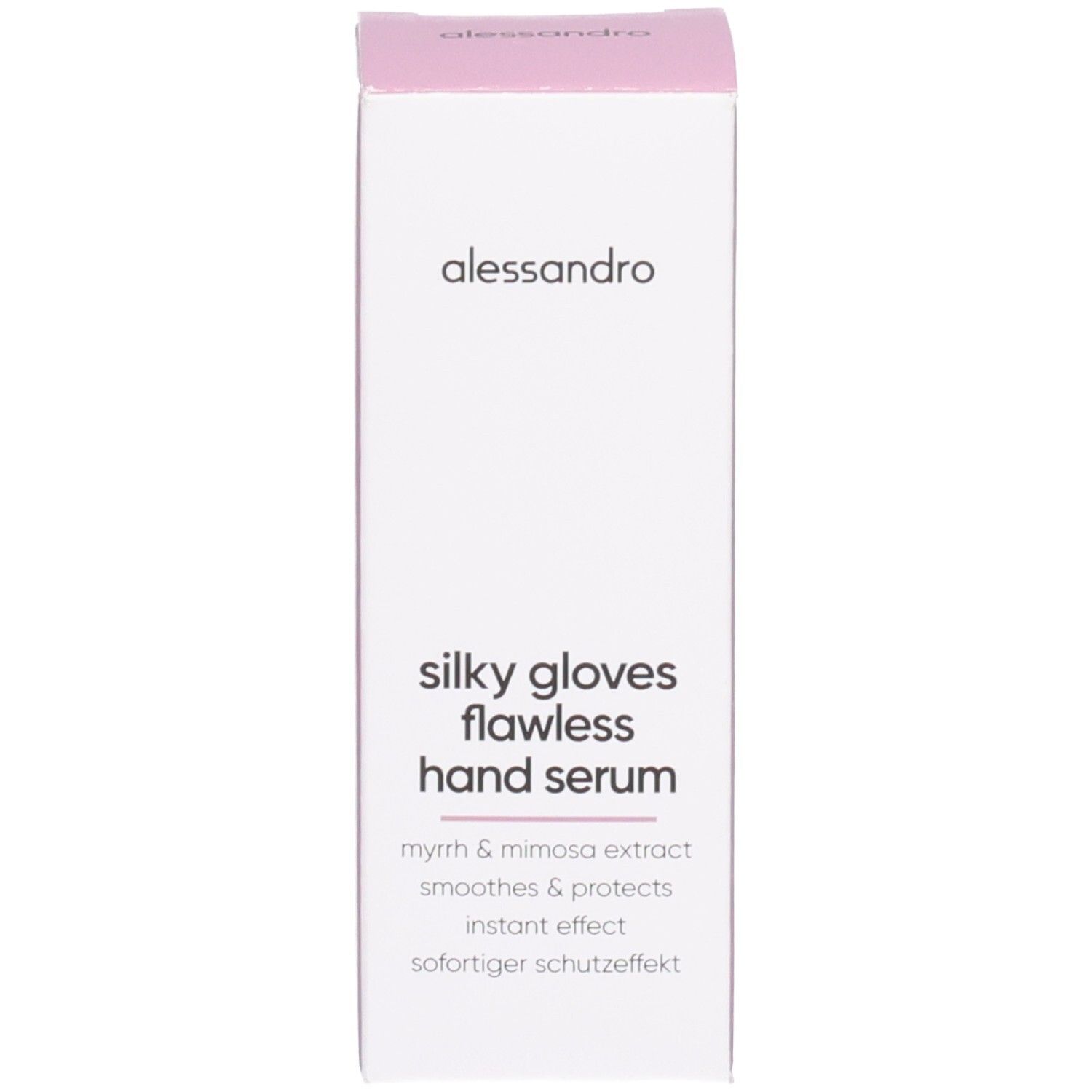 Boîte de sérum pour les mains Alessandro, 'Silky Gloves Flawless Hand Serum'. Contient de la myrrhe et de l'extrait de mimosa.