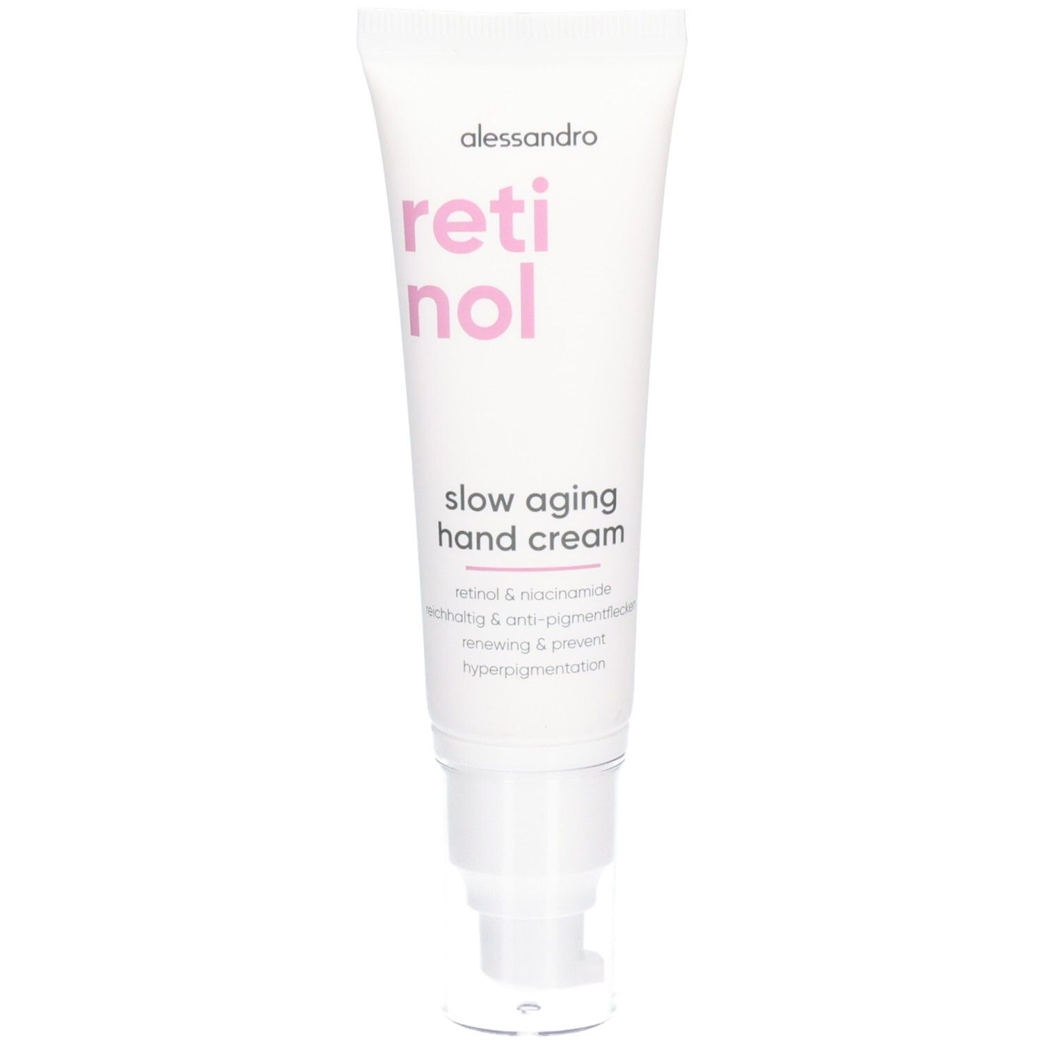 Tube blanche de crème pour les mains alessandro Retinol Slow Aging, avec pompe.