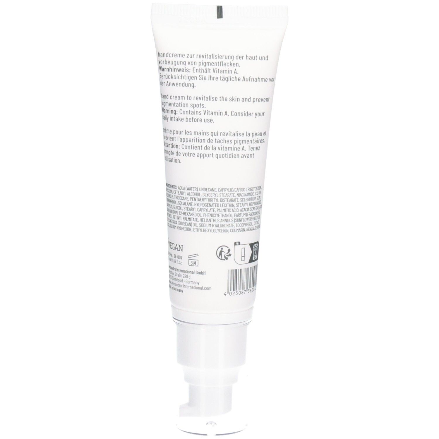Tube blanc avec distributeur à pompe, étiqueté avec informations produit et ingrédients.