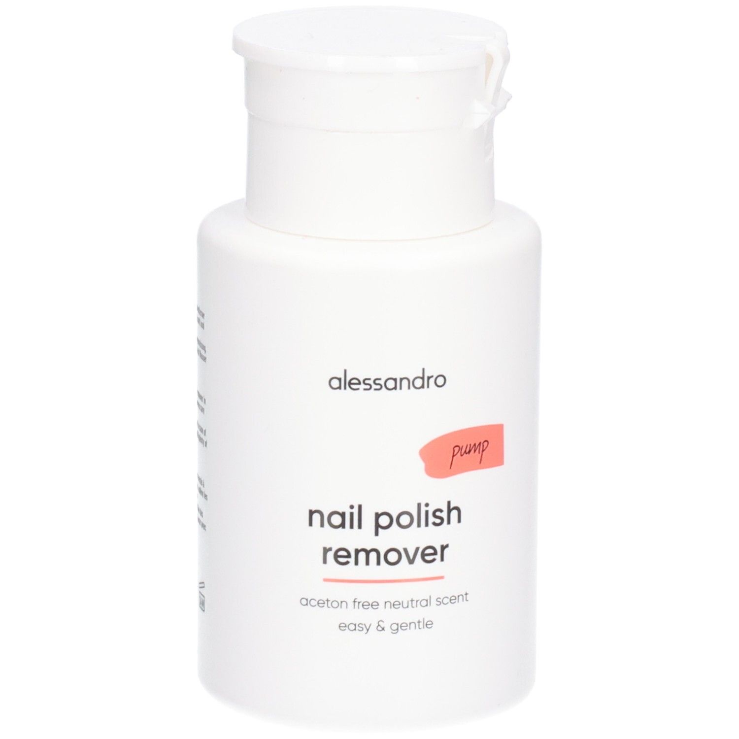 Witte fles met klapdeksel. Opschrift: alessandro, nail polish remover, pump. Acetonvrij, neutrale geur.