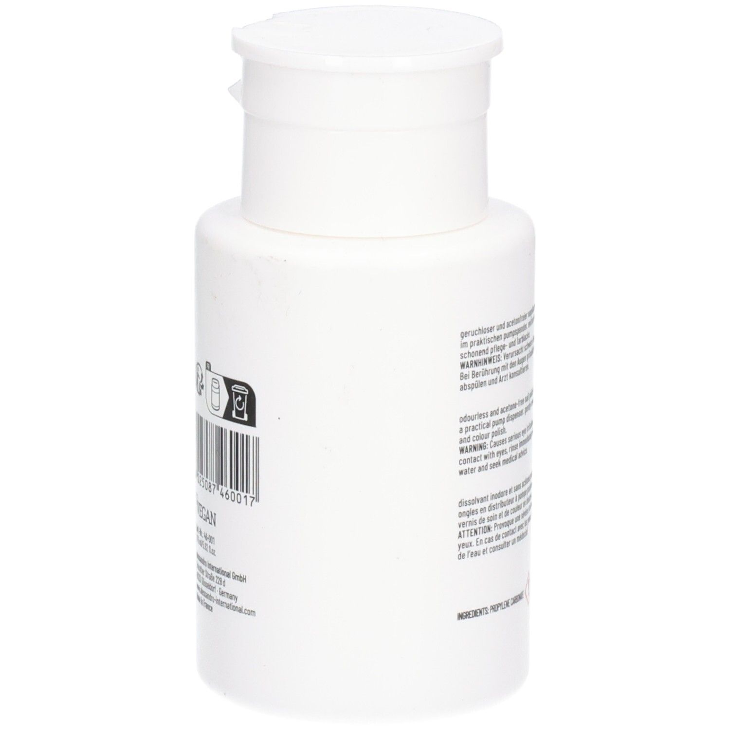 Witte fles, achterkant met tekst en barcode. Klapdeksel. Vegan-zegel.