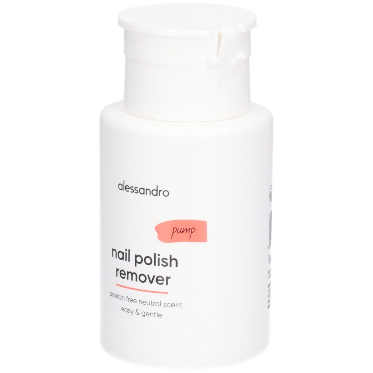 Witte fles met klapdeksel. Opschrift: alessandro, nail polish remover, pump. Acetonvrij, neutrale geur.