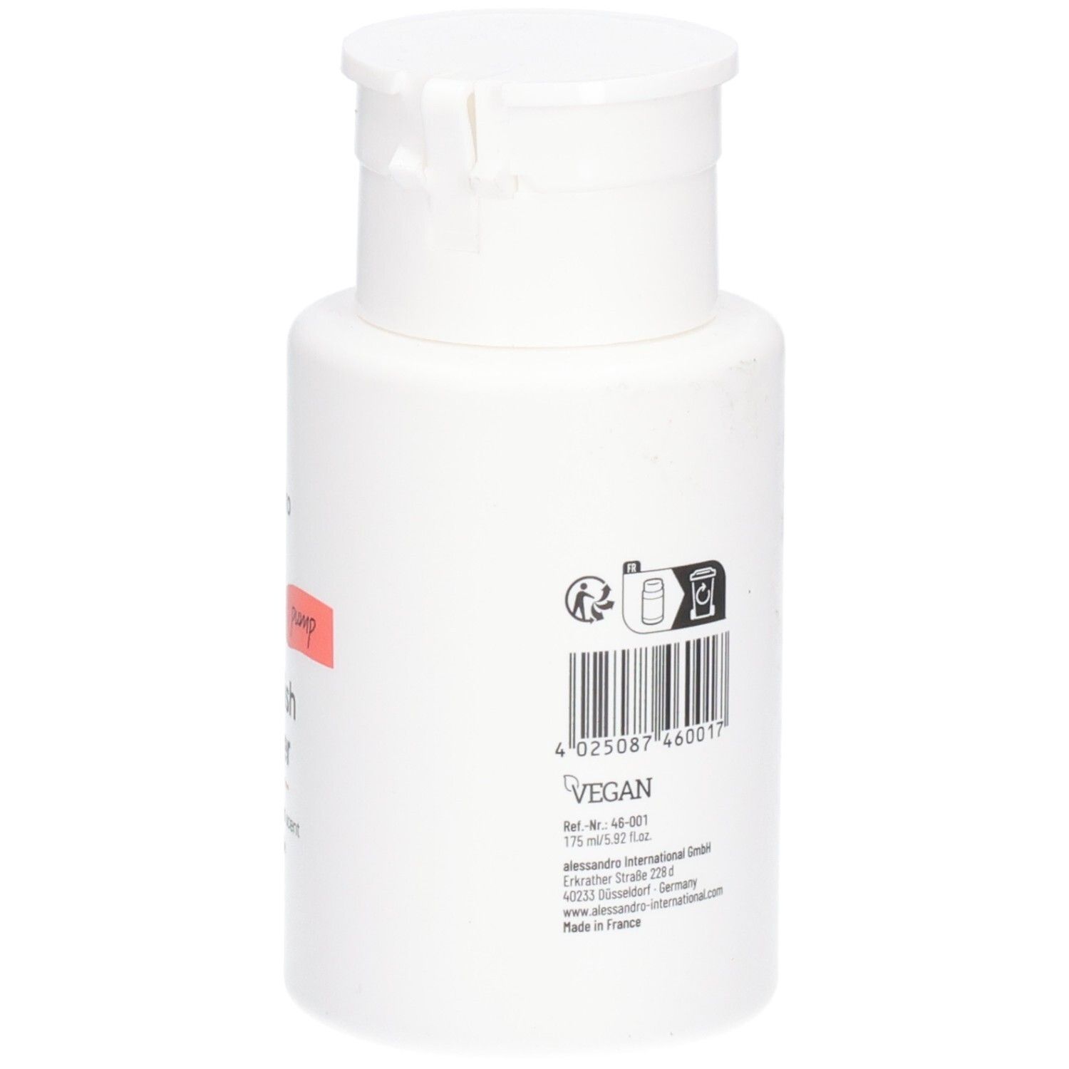 Witte fles, achterkant met tekst, barcode en Vegan-zegel. Klapdeksel.