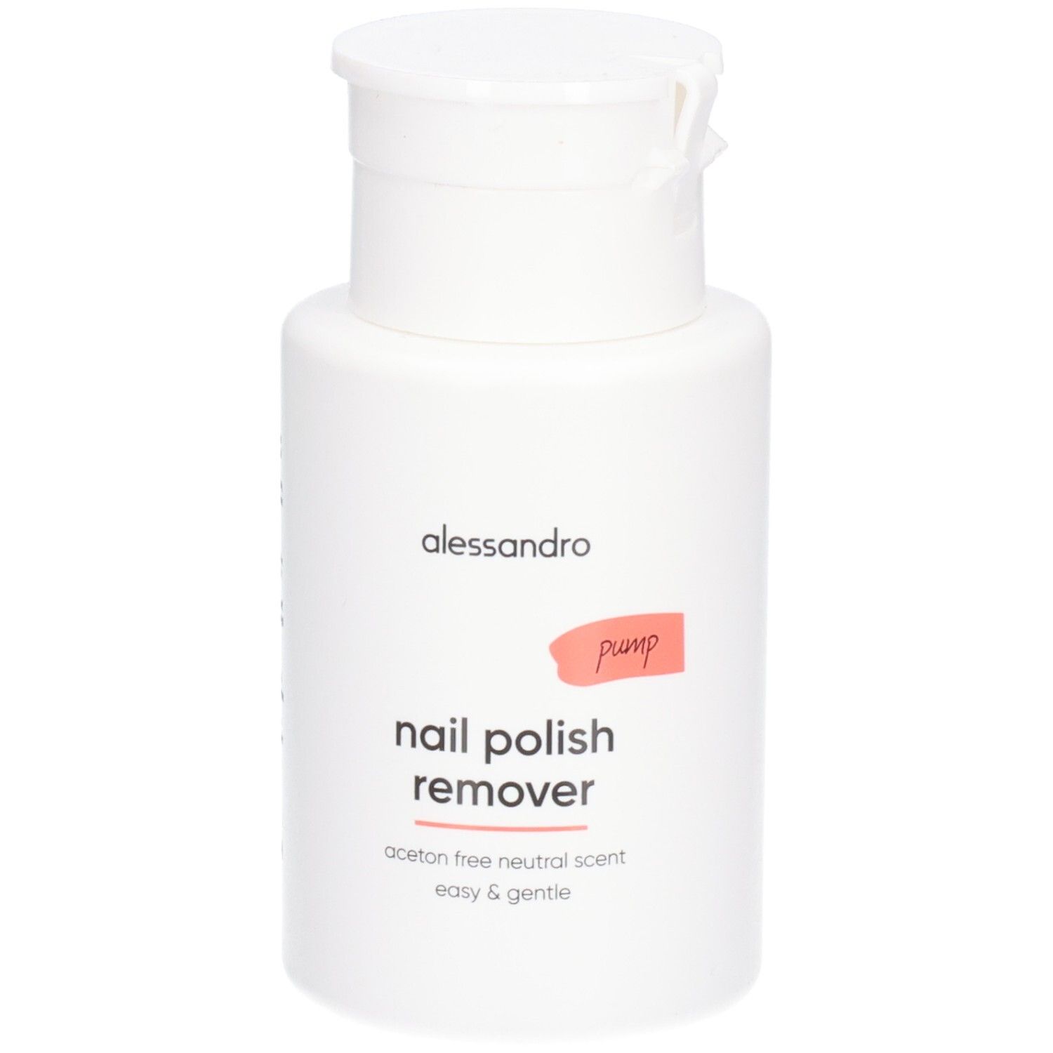 Witte fles met klapdeksel. Opschrift: alessandro, nail polish remover, pump. Acetonvrij, neutrale geur.