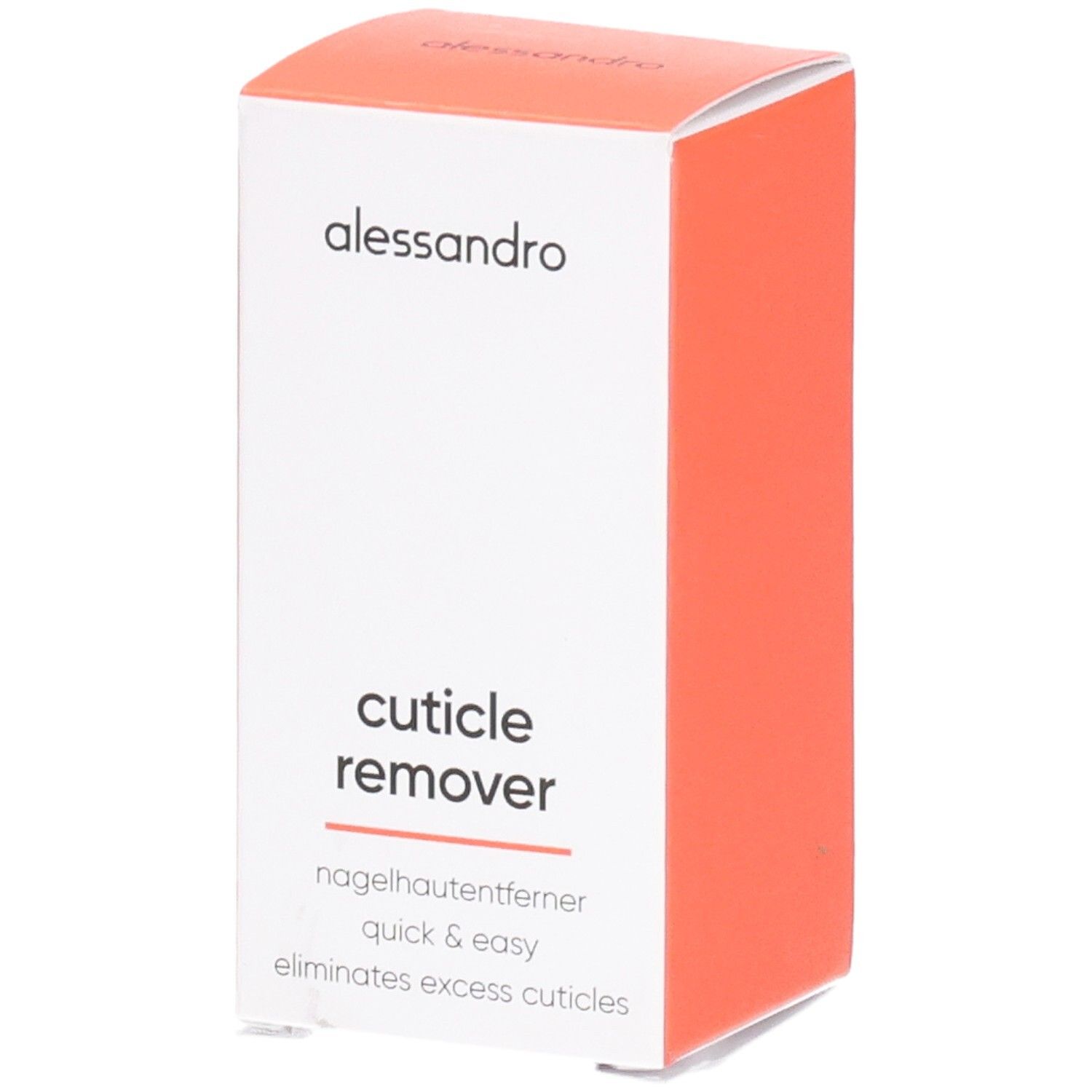 Wit en oranje doos. Opschrift: alessandro, Cuticle Remover, nagelhautentferner, quick & easy, eliminates excess cuticles.