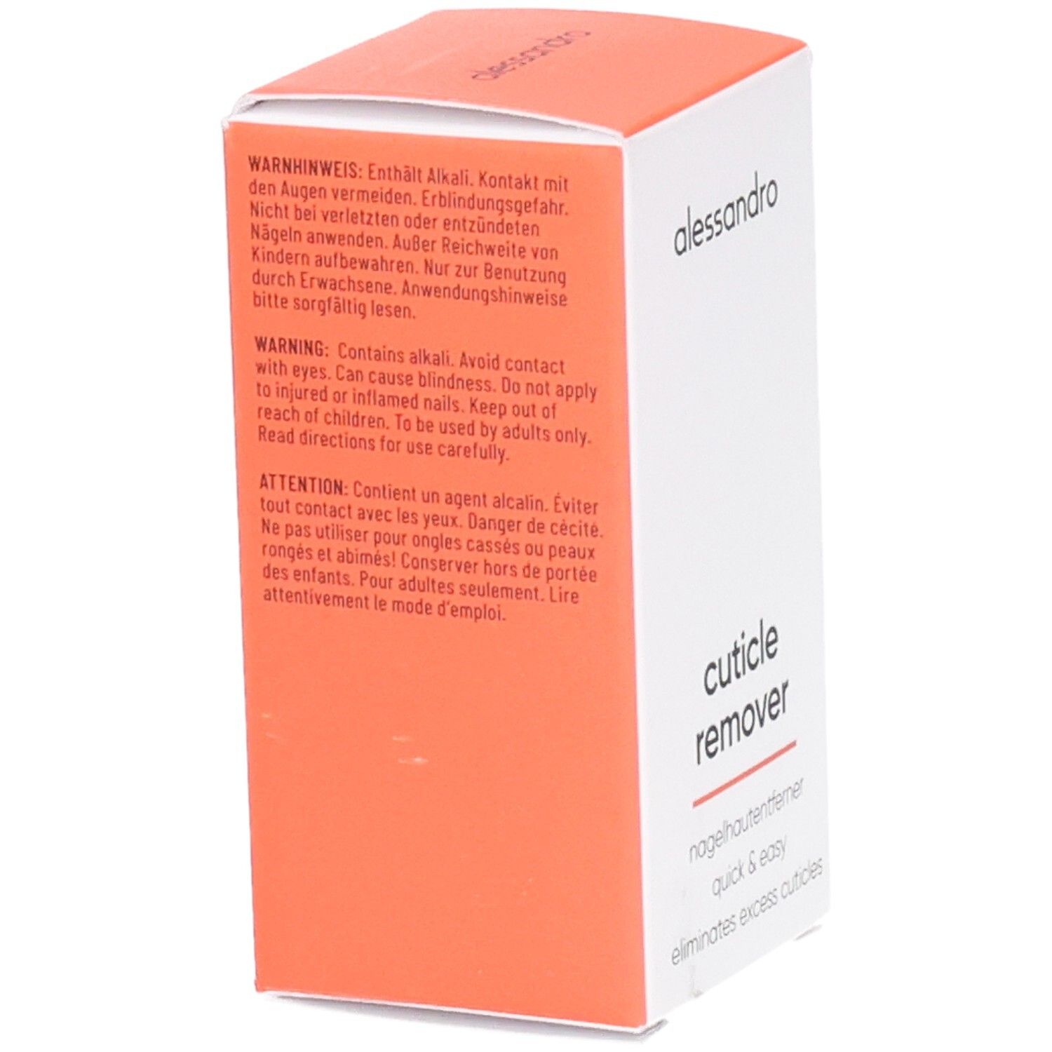Wit en oranje doos. Opschrift: alessandro, Cuticle Remover. Waarschuwingen in het Duits en Engels.