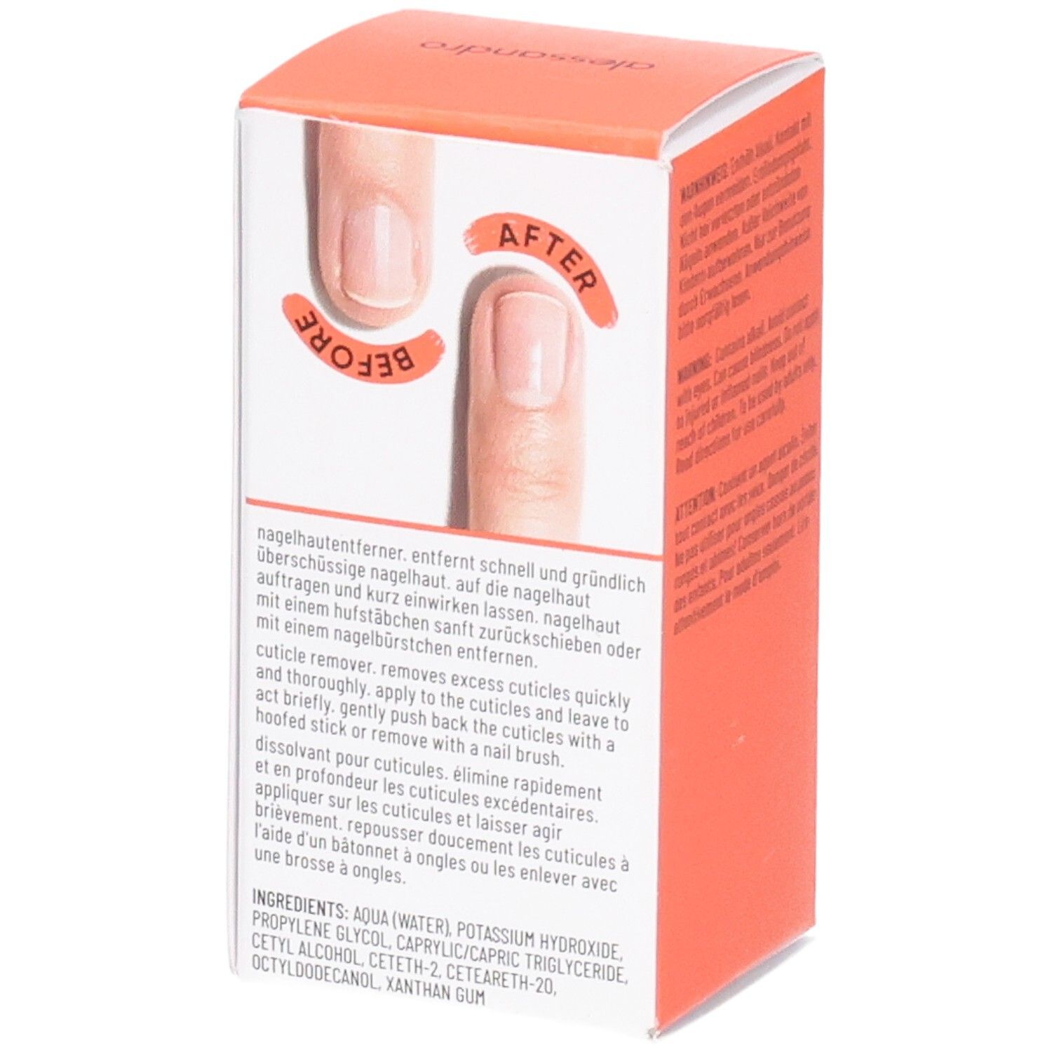 Wit en oranje doos. Illustratie: vingers met voor- en na-effect. Tekst: nagelhautentferner, ingrediënten.
