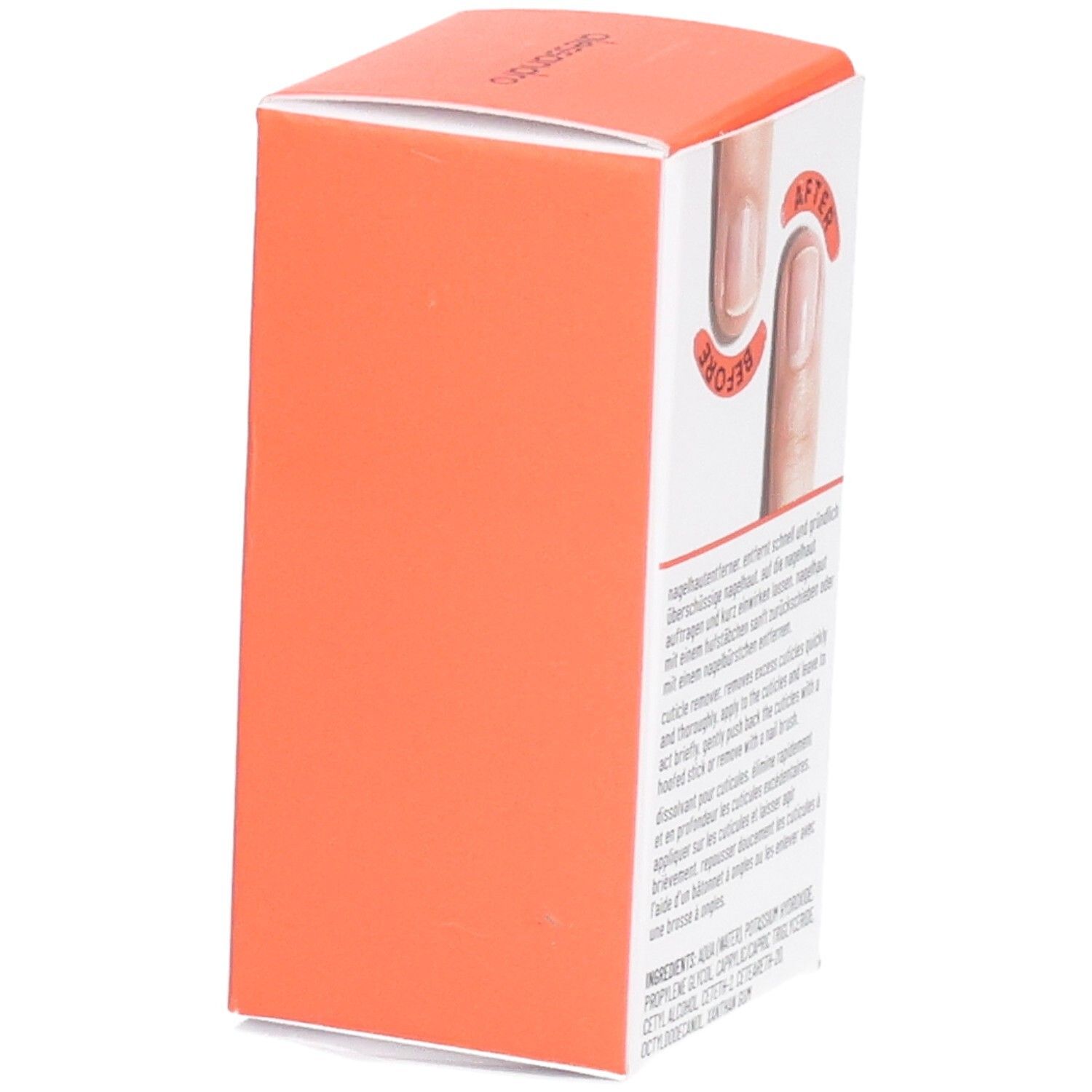 Wit en oranje doos. Illustratie: vingers met voor- en na-effect. Tekst: nagelhautentferner, ingrediënten.
