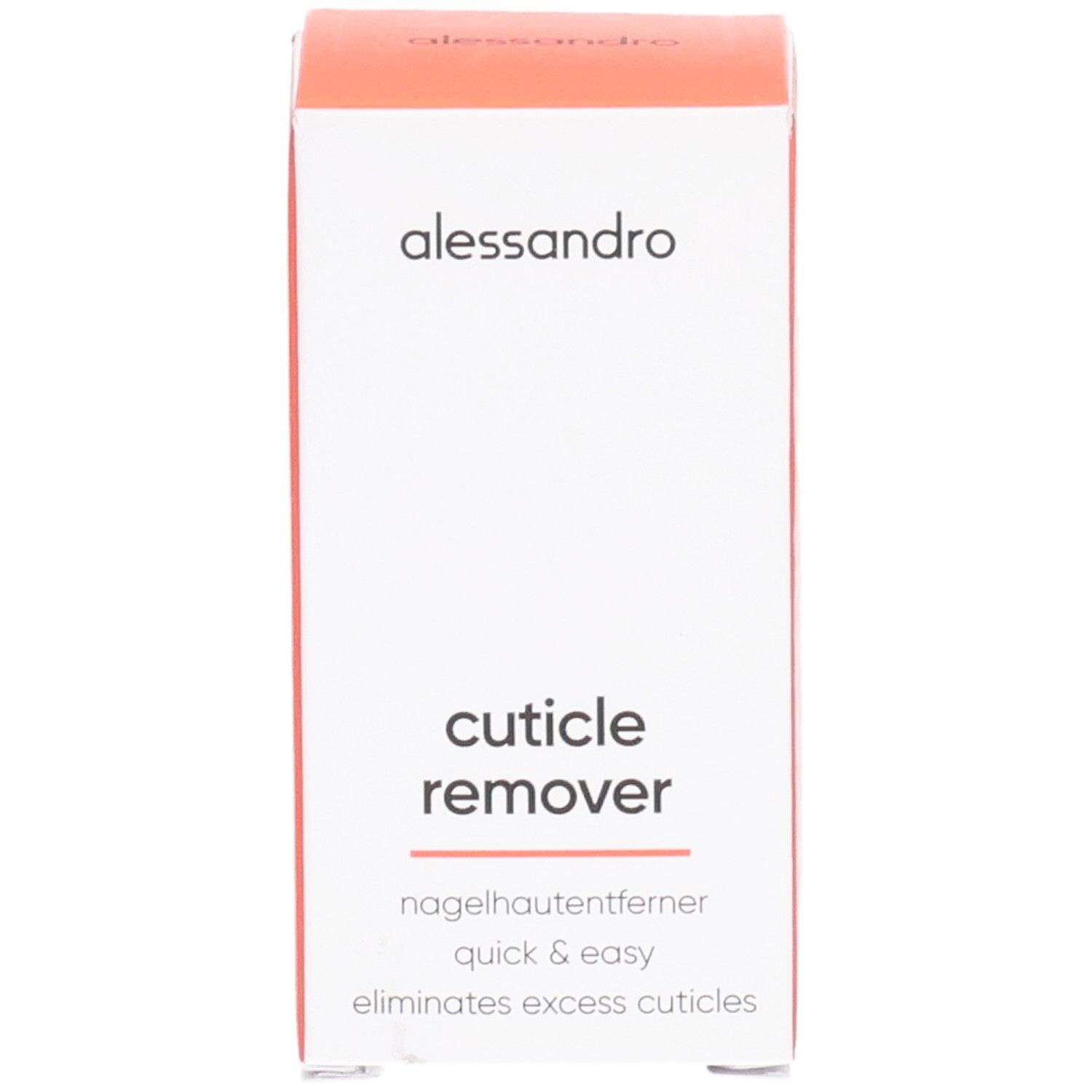 Wit en oranje doos. Opschrift: alessandro, Cuticle Remover, nagelhautentferner, quick & easy, eliminates excess cuticles.