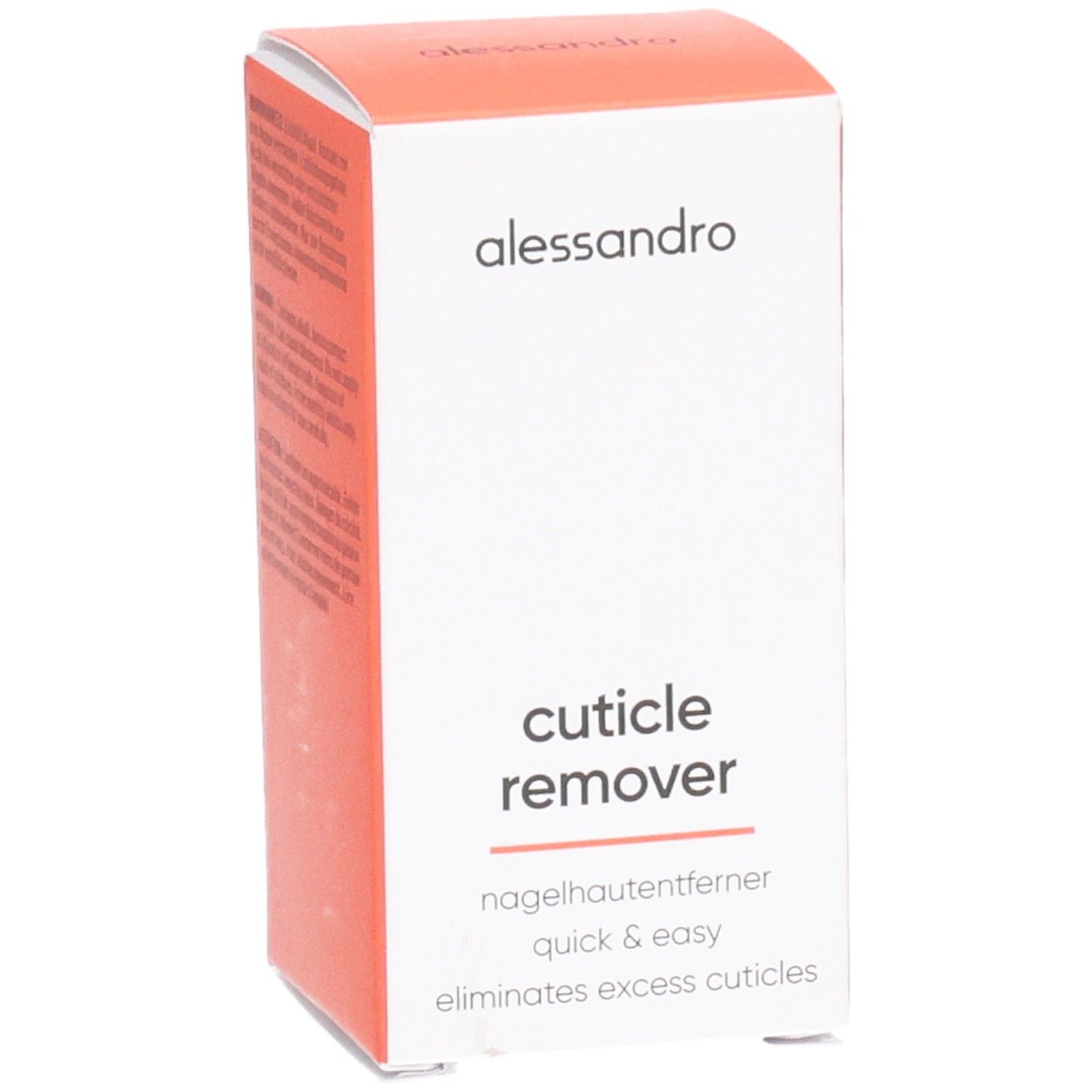 Wit en oranje doos. Opschrift: alessandro, Cuticle Remover, nagelhautentferner, quick & easy, eliminates excess cuticles.