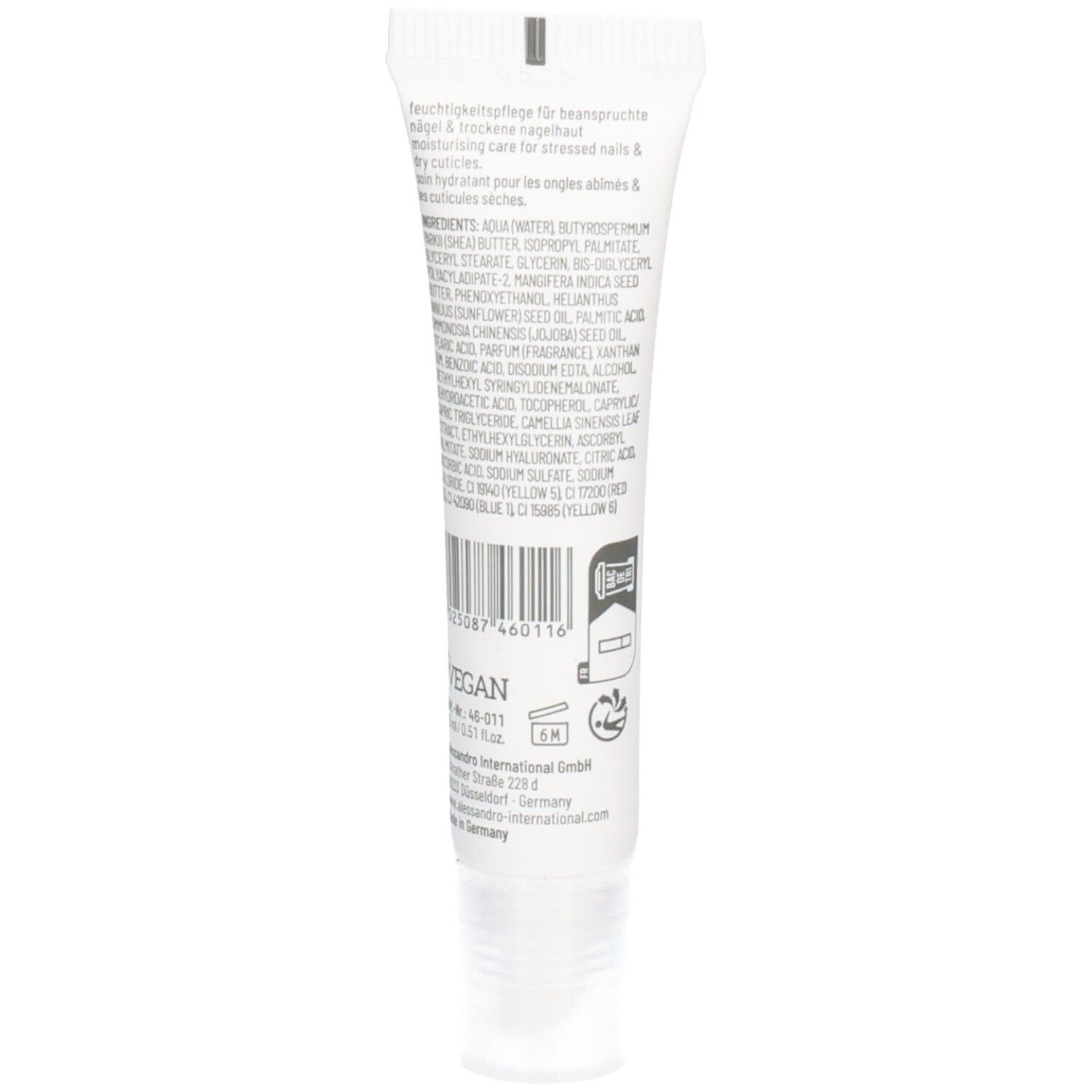 Witte tube met opdruk, met ingrediënten en gebruiksaanwijzing.