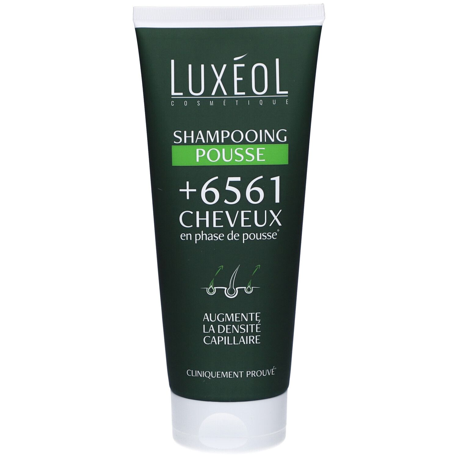 Tube vert avec bouchon blanc. Logo LUXEOL, inscription "Shampooing Pousse" et "+6561 Cheveux". Cliniquement prouvé.