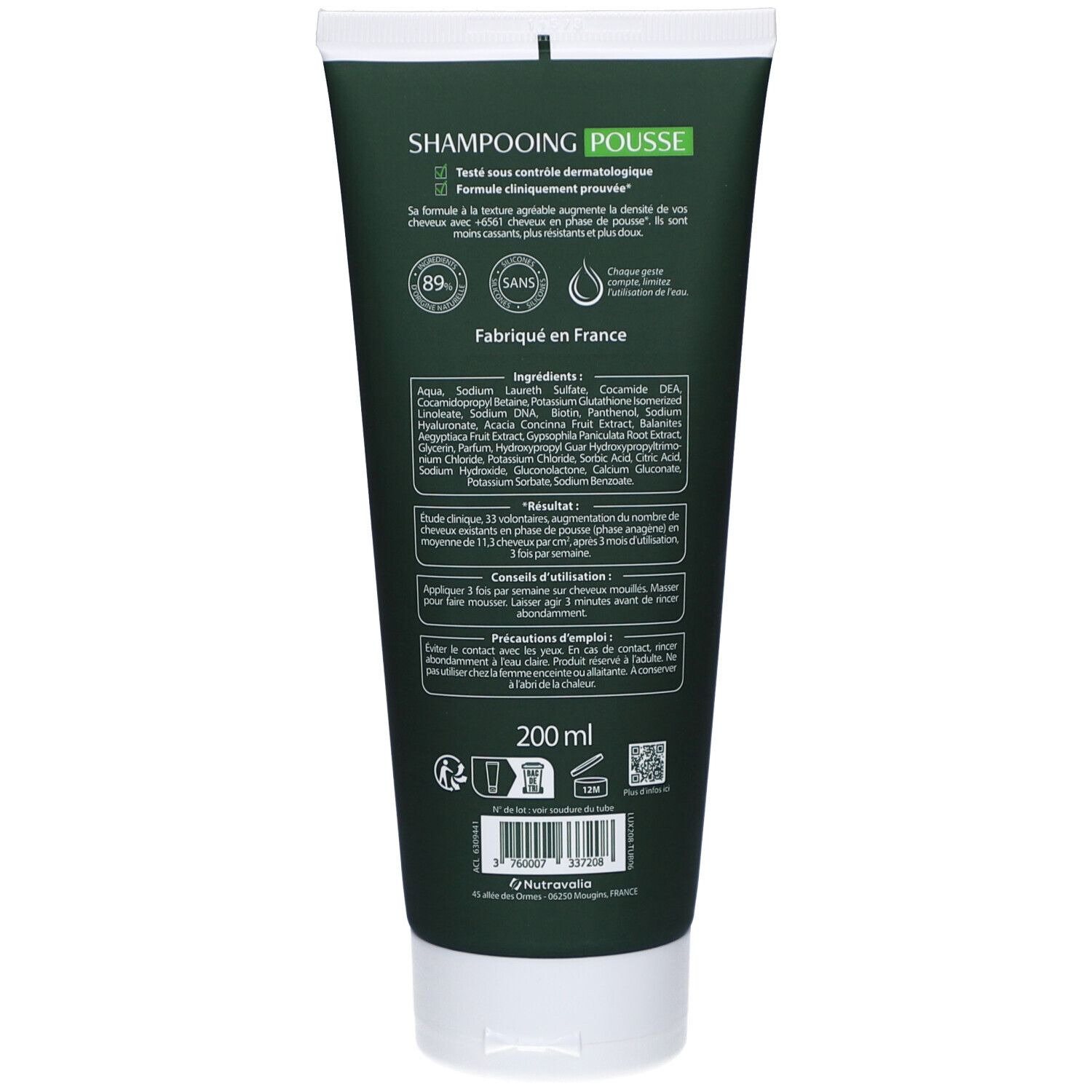 Dos du tube vert. Texte avec ingrédients, conseils d'utilisation et précautions. 200 ml.