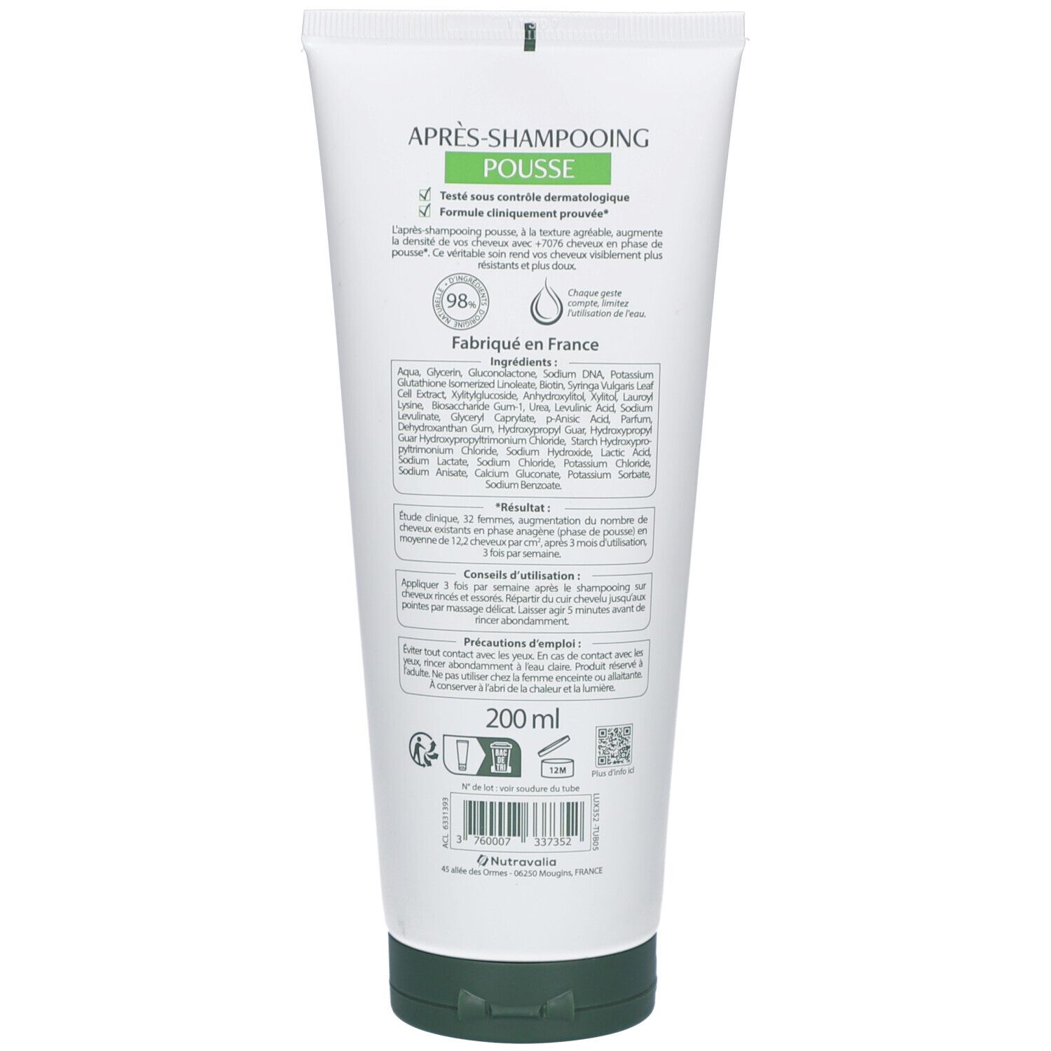 Achterkant van de tube. Tekst: APRÈS-SHAMPOOING POUSSE, ingrediënten, Fabriqué en France, 200 ml, QR-code.