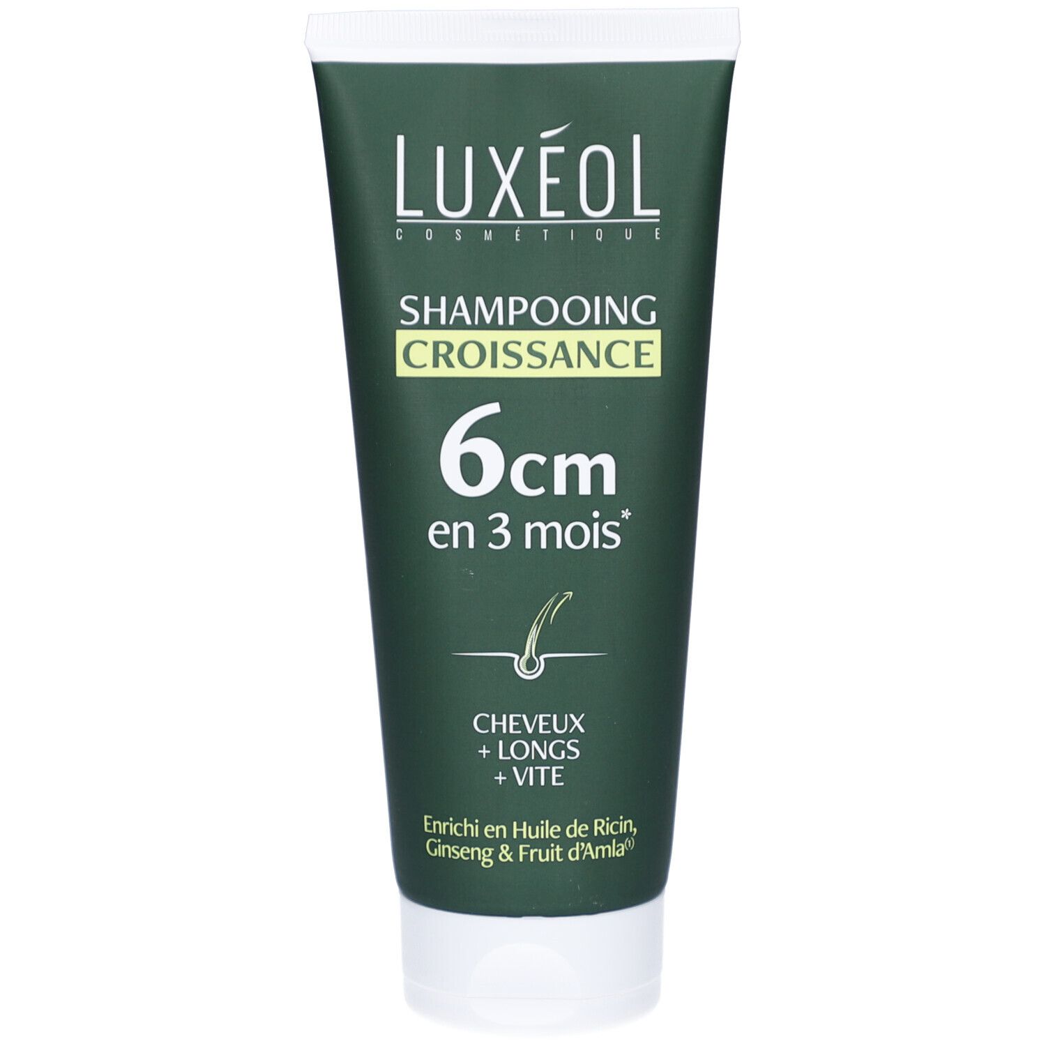 Groene tube met witte dop. Opschrift LUXEOL, Shampooing Croissance, 6cm in 3 maanden. Bevat olie, ginseng & Amla.