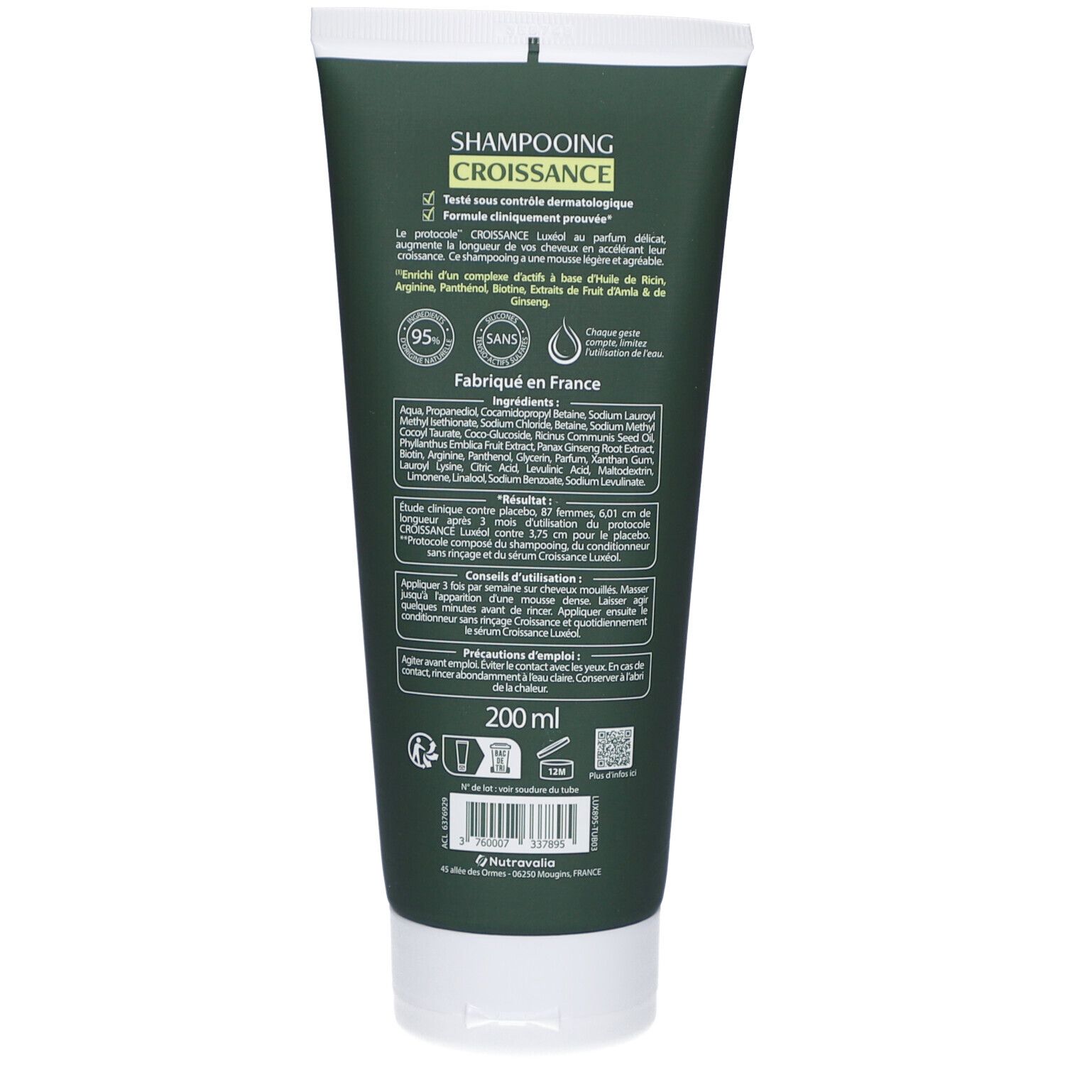Achterkant van de groene tube. Bevat informatie over ingrediënten, gebruik en fabrikant. Tekst in het Frans.