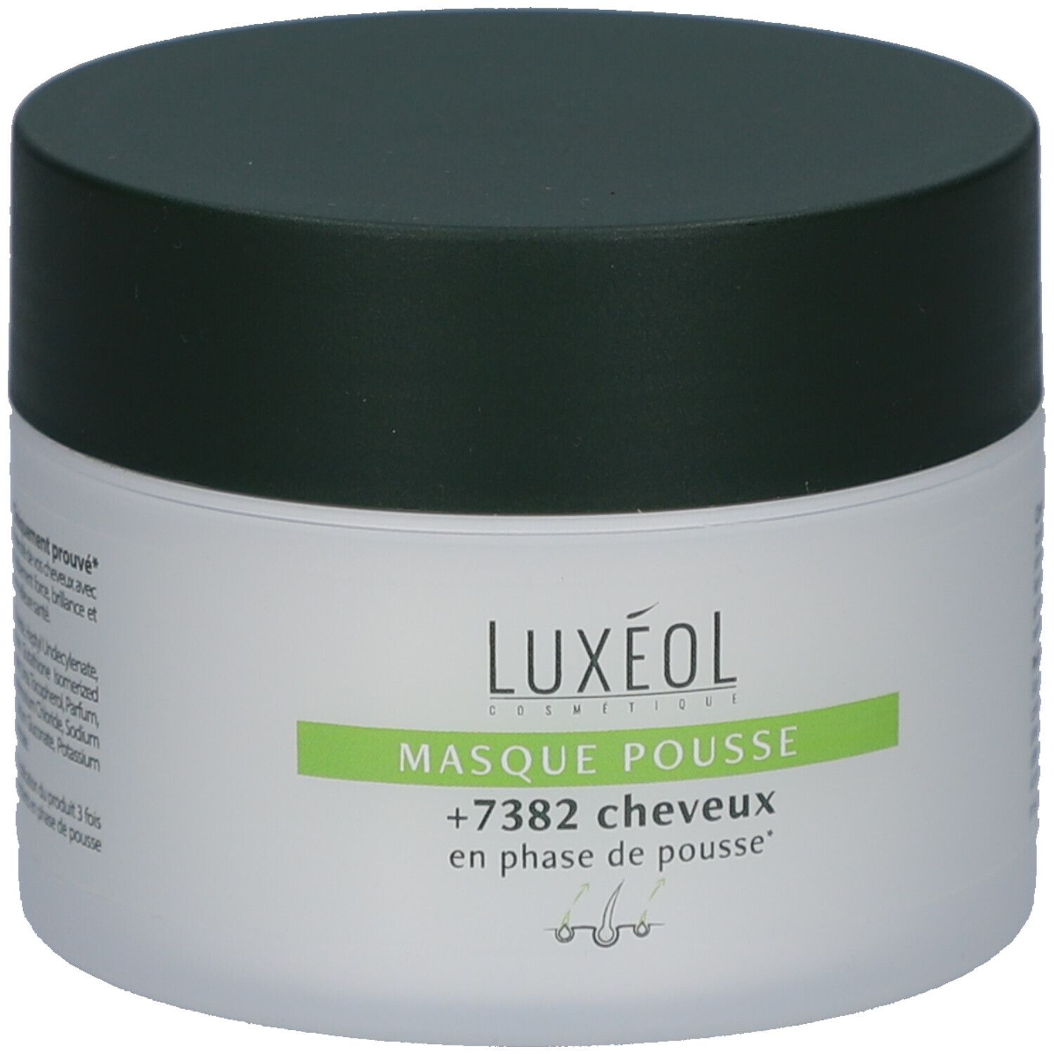 Pot blanc avec couvercle vert foncé. Logo LUXEOL et texte "MASQUE POUSSE" en vert. Texte : "+7382 cheveux en phase de pousse".