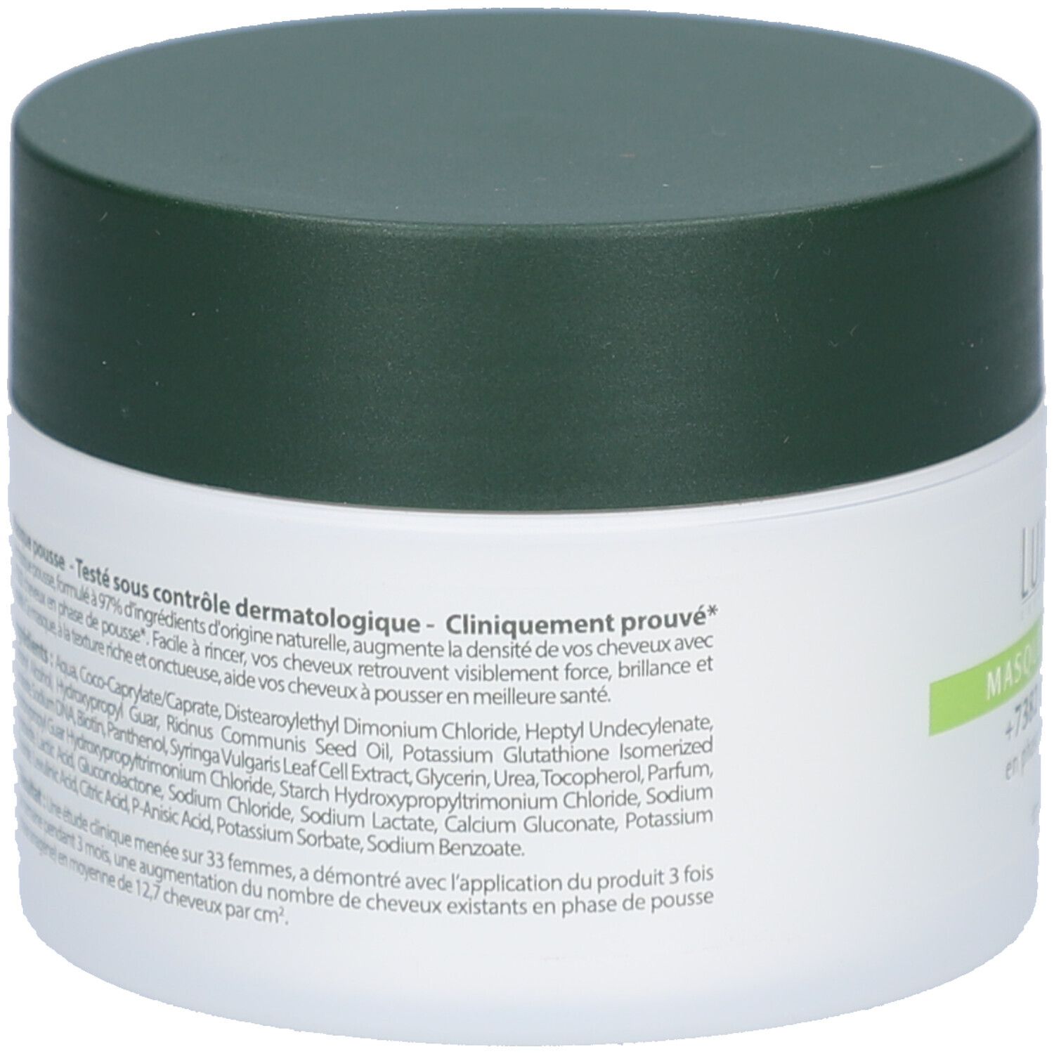 Dos du pot blanc avec couvercle vert foncé. Texte avec ingrédients et informations. "Testé sous contrôle dermatologique".
