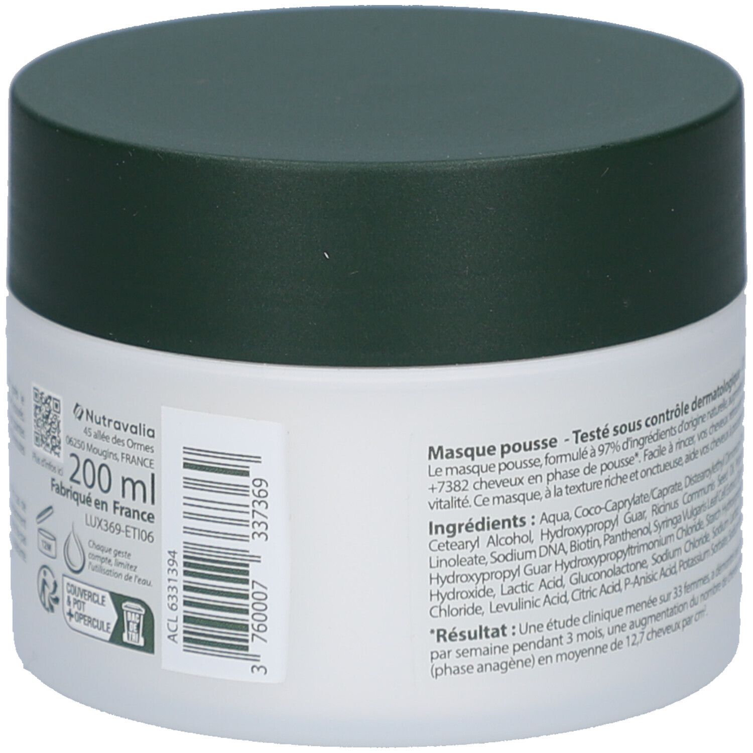 Vue arrière du pot blanc avec couvercle vert foncé. Texte avec ingrédients et informations. 200 ml. Fabriqué en France.