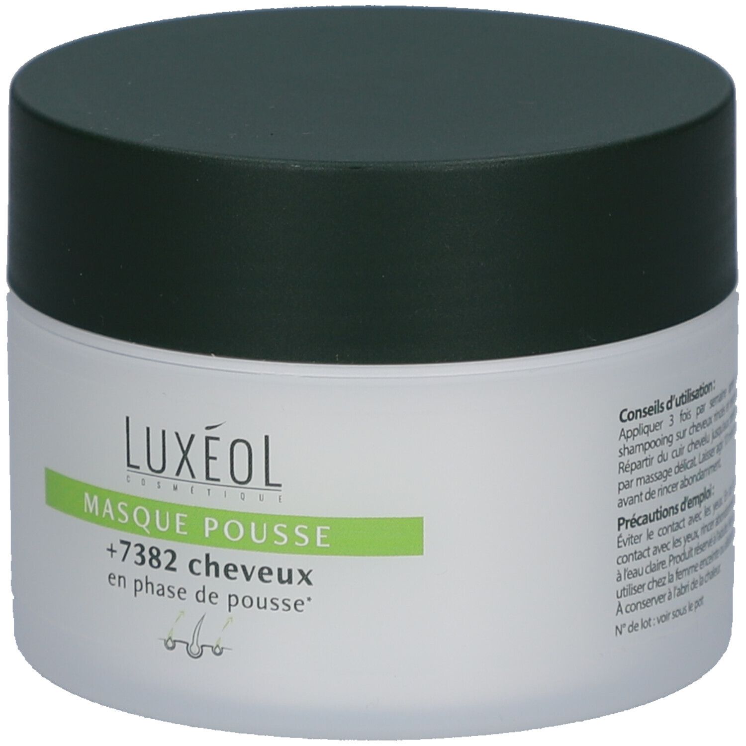 Pot blanc avec couvercle vert foncé. Logo LUXEOL et texte "MASQUE POUSSE" en vert. Texte : "+7382 cheveux en phase de pousse".