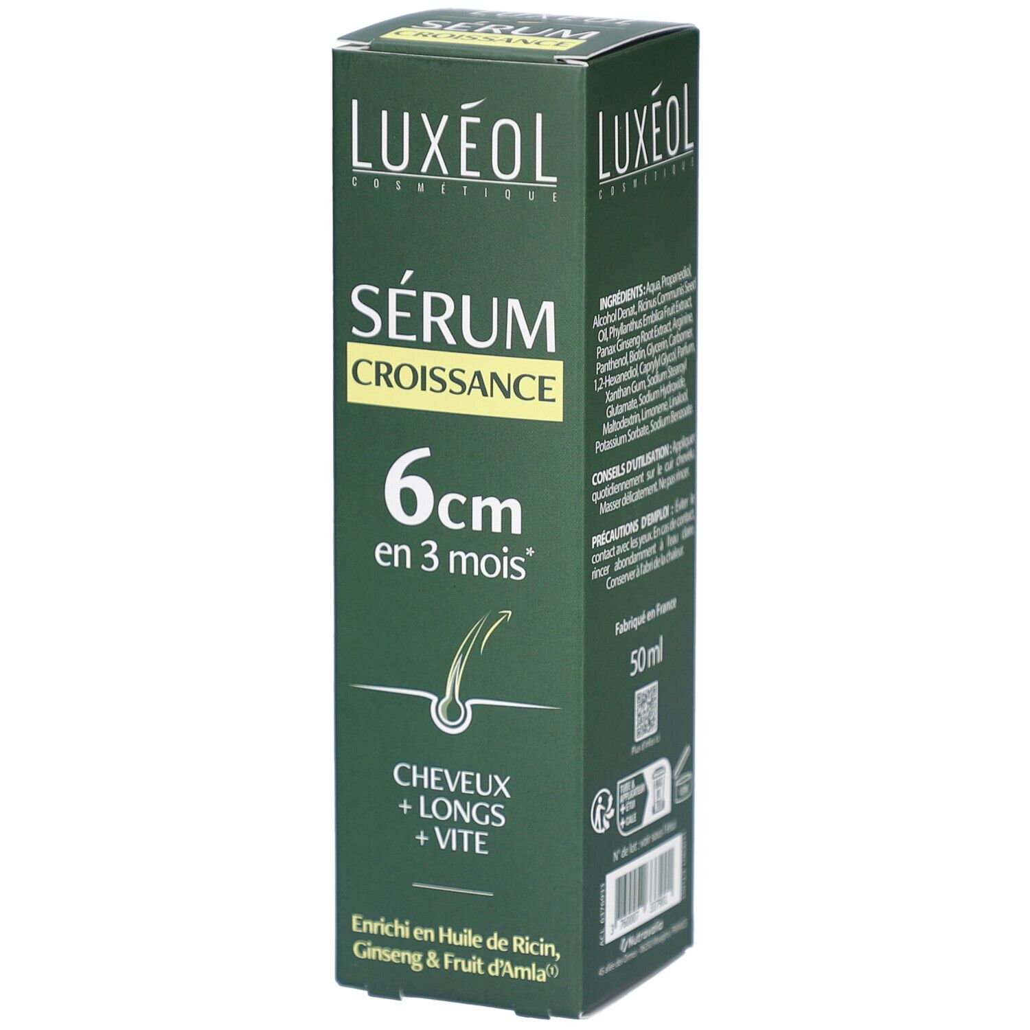 Groene doos LUXEOL. Sérum Croissance, 6cm in 3 maanden. Ingrediënten en informatie. Inhoud 50 ml.