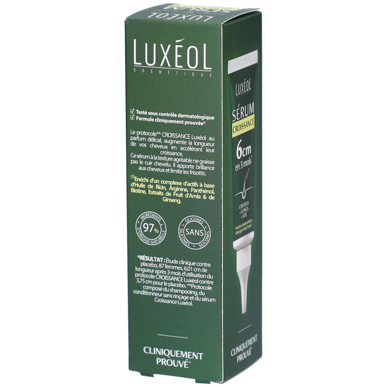 Achterkant groene doos. Logo LUXEOL, productnaam, tekst. Dermatologisch getest. Ingrediënten en advies.