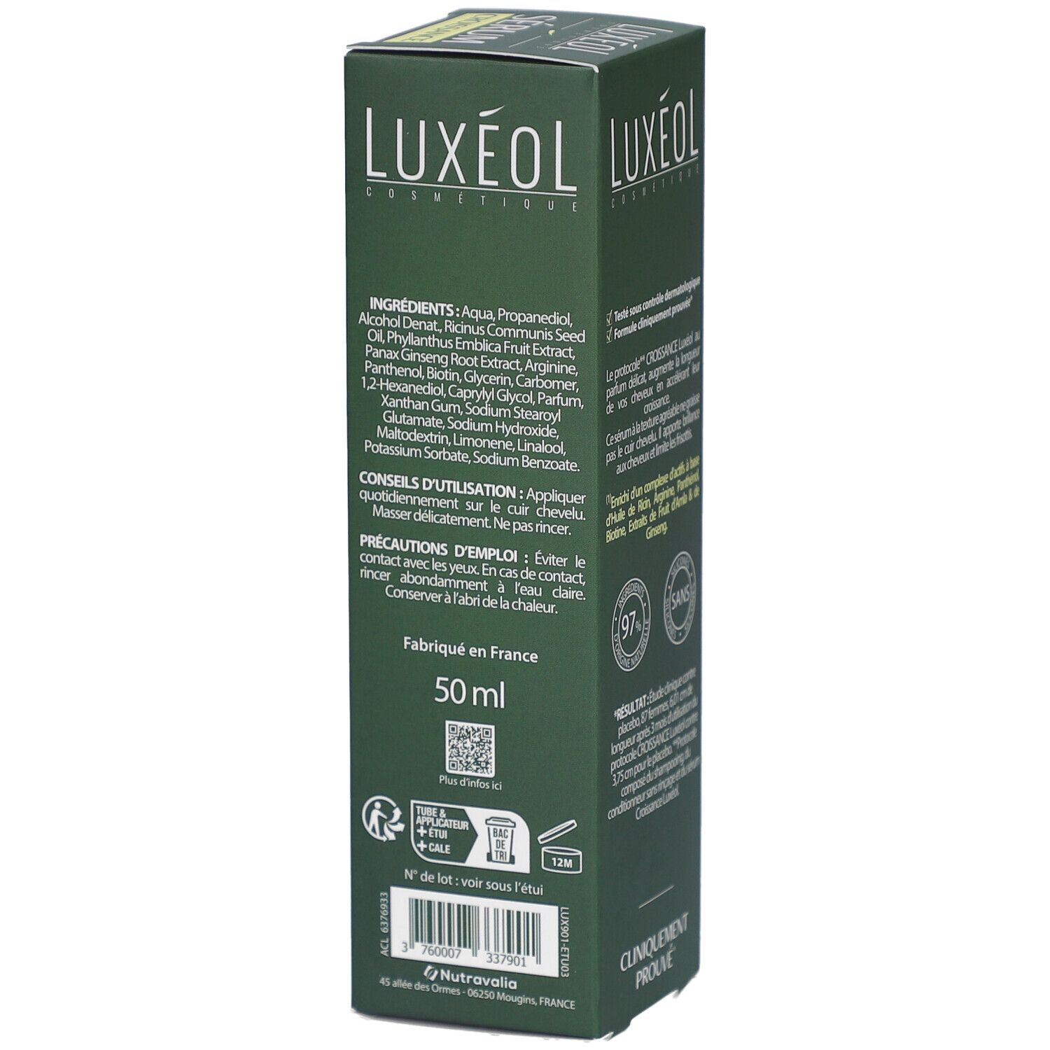 Achterkant groene doos. Logo LUXEOL, productnaam, tekst. Ingrediënten, gebruikstips. 50 ml.