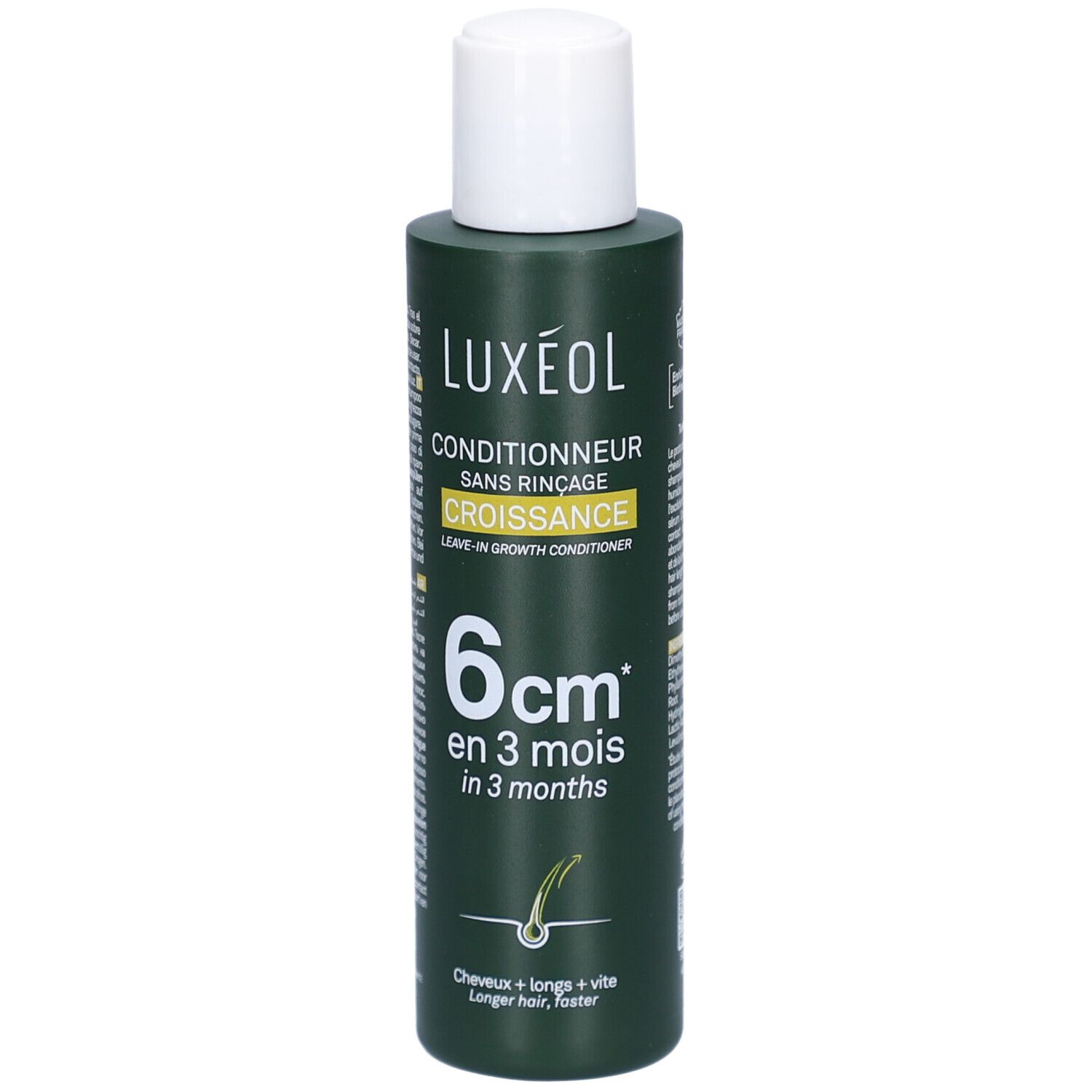 Groene LUXEOL conditionerfles met witte dop. Opschrift: Conditionneur sans rinçage, Croissance, 6 cm in 3 maanden.