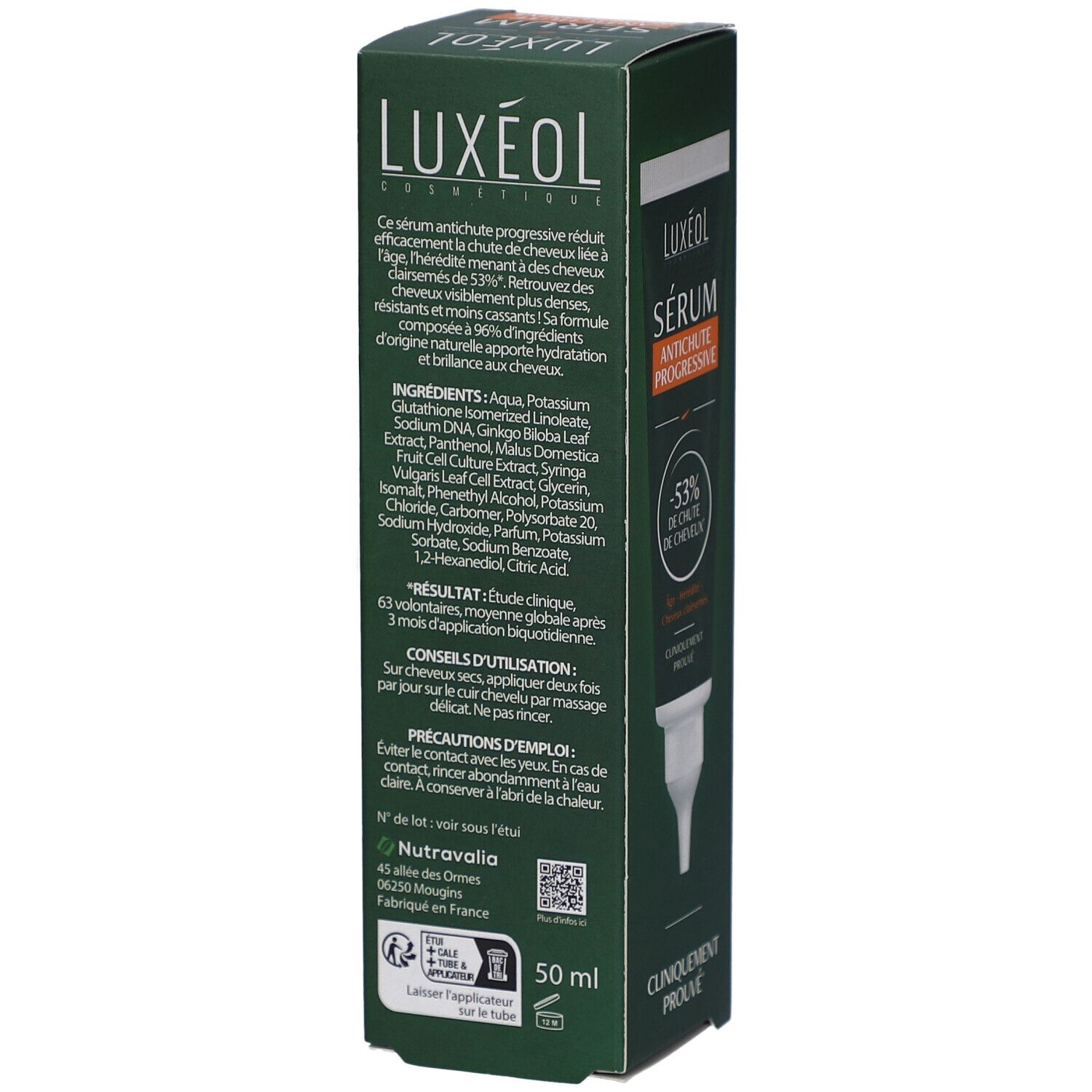 Dos de la boîte verte. LUXÉOL Sérum Antichute Progressive. Ingrédients, conseils d'utilisation et informations fabricant.