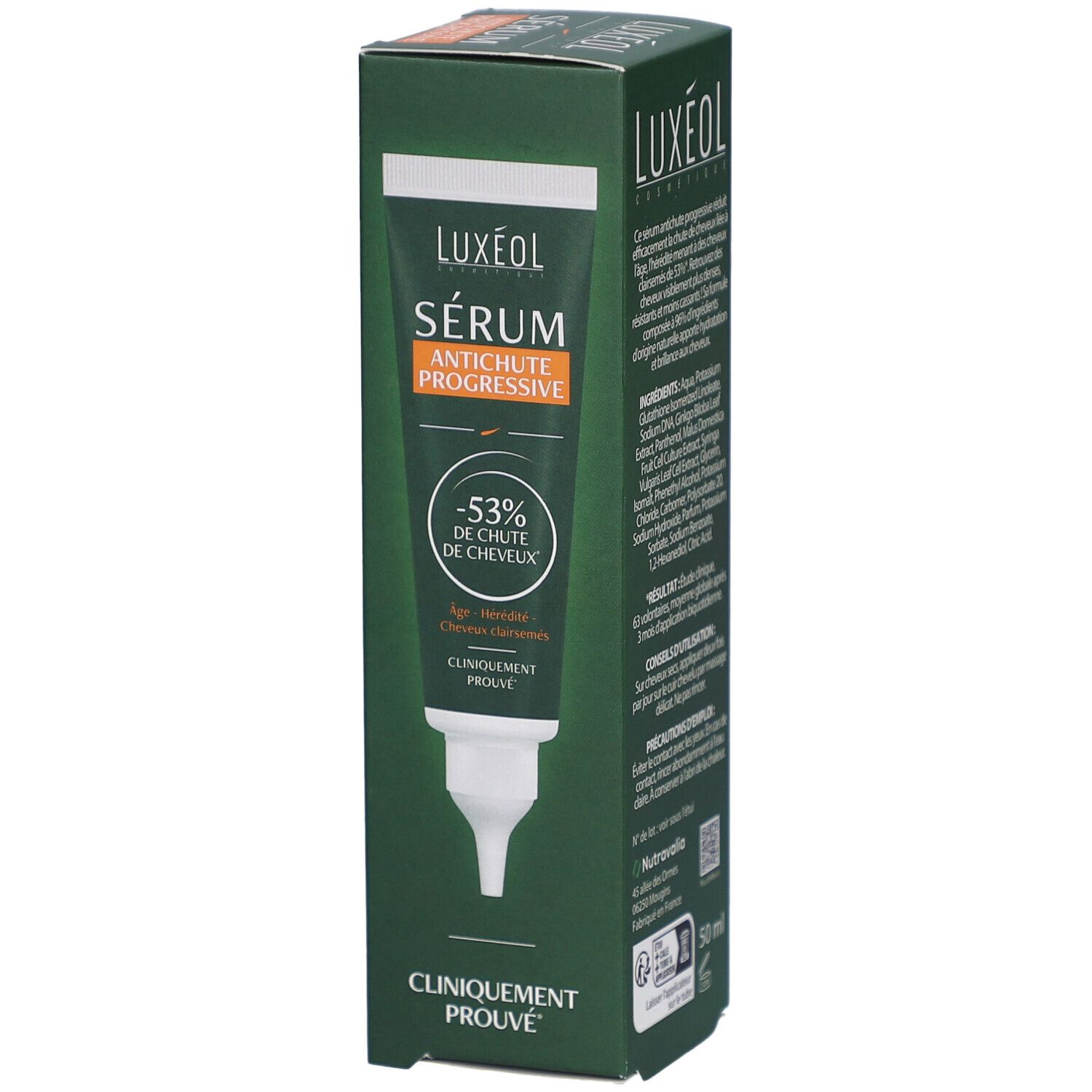 Tube vert LUXÉOL Sérum Antichute Progressive. -53% de Chute de Cheveux. Avec applicateur. Cliniquement prouvé.