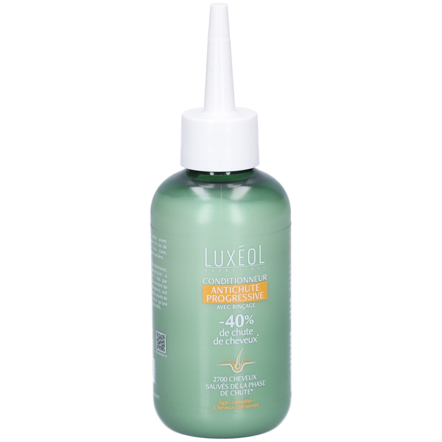 Flacon vert avec applicateur blanc. Inscription LUXÉOL Conditionneur Antichute Progressive. -40% de chute de cheveux.