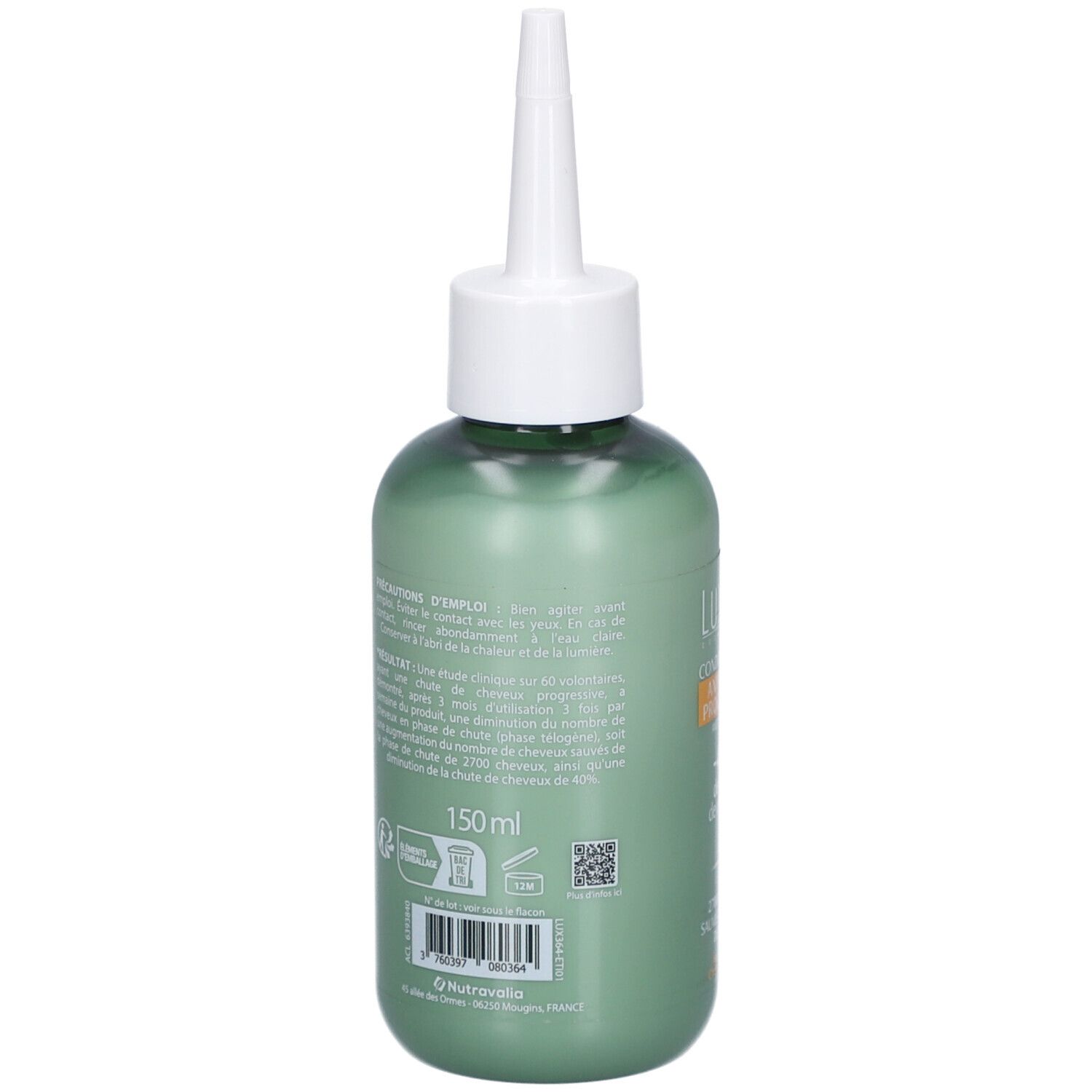 Dos du flacon vert avec applicateur blanc. Texte et code-barres. Volume : 150ml. Logo de matériau recyclable.