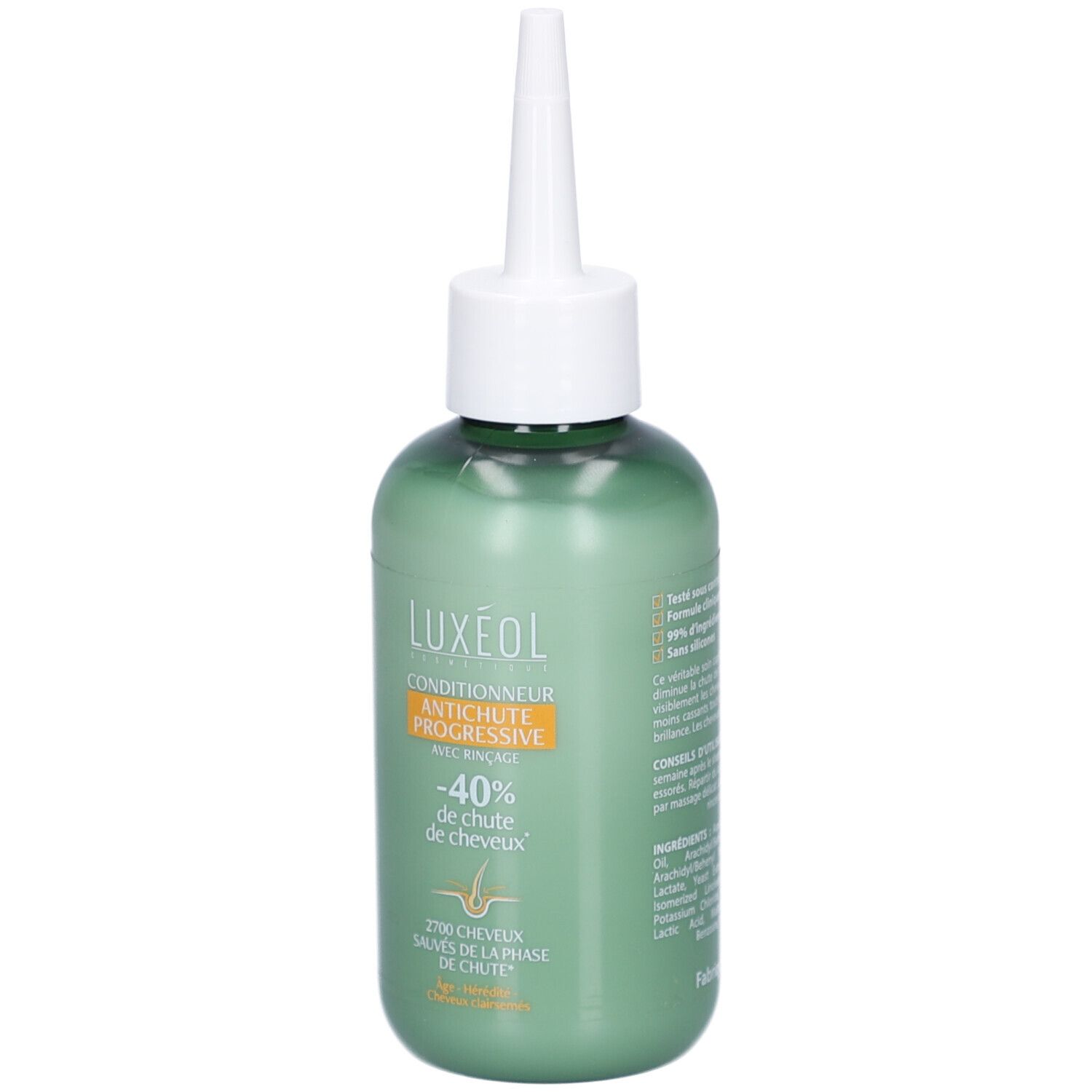 Flacon vert avec applicateur blanc. Inscription LUXÉOL Conditionneur Antichute Progressive. -40% de chute de cheveux.