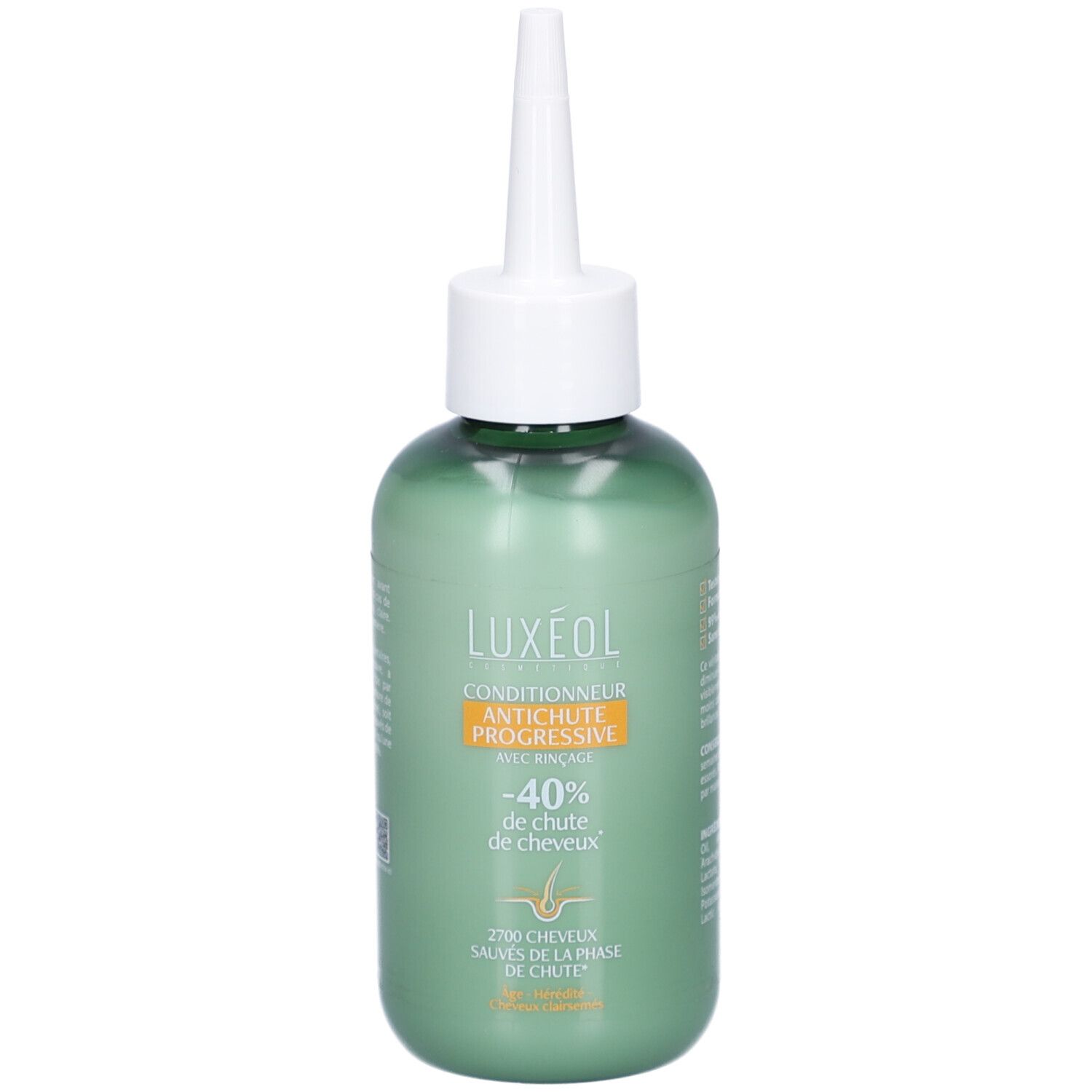 Flacon vert avec applicateur blanc. Inscription LUXÉOL Conditionneur Antichute Progressive. -40% de chute de cheveux.