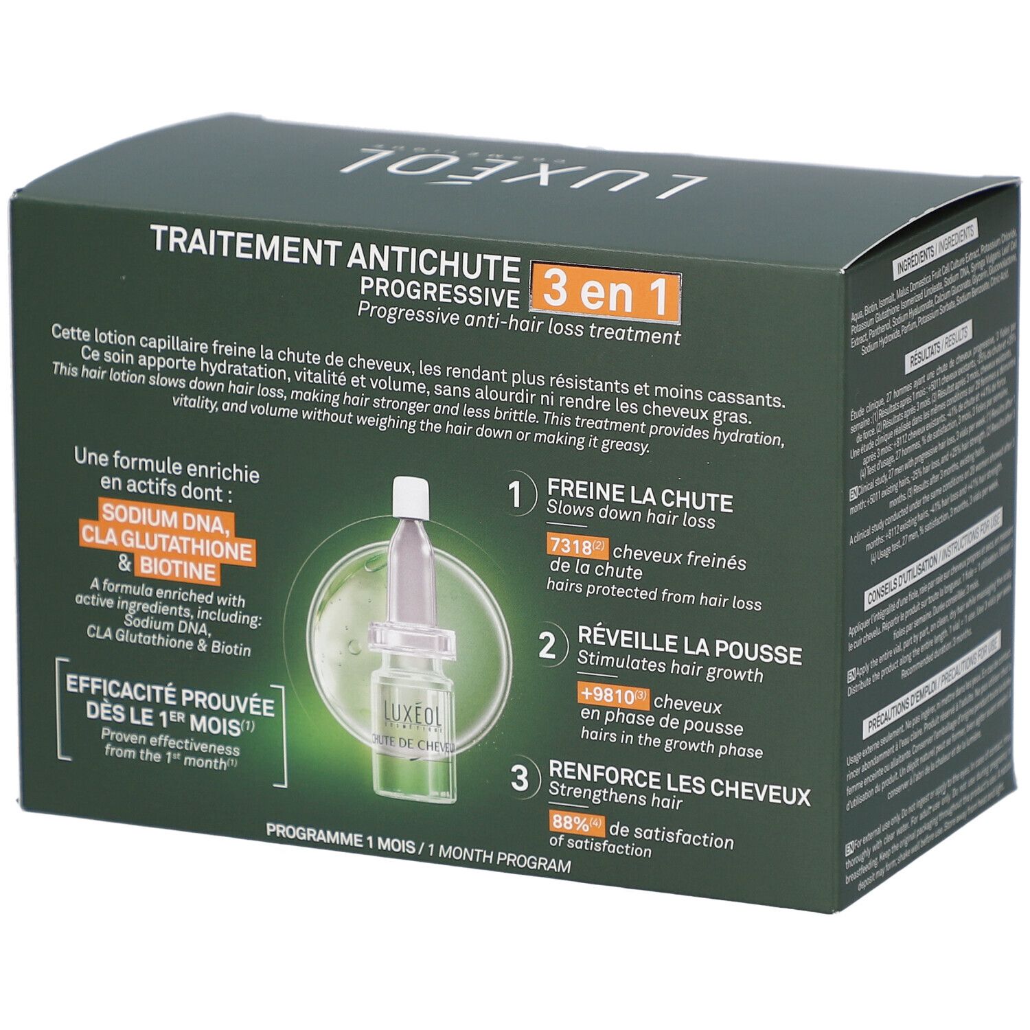 Dos de la boîte LUXEOL. Traitement antichute 3 en 1. Contient ingrédients. Décrit l'action: ralentit la chute des cheveux.