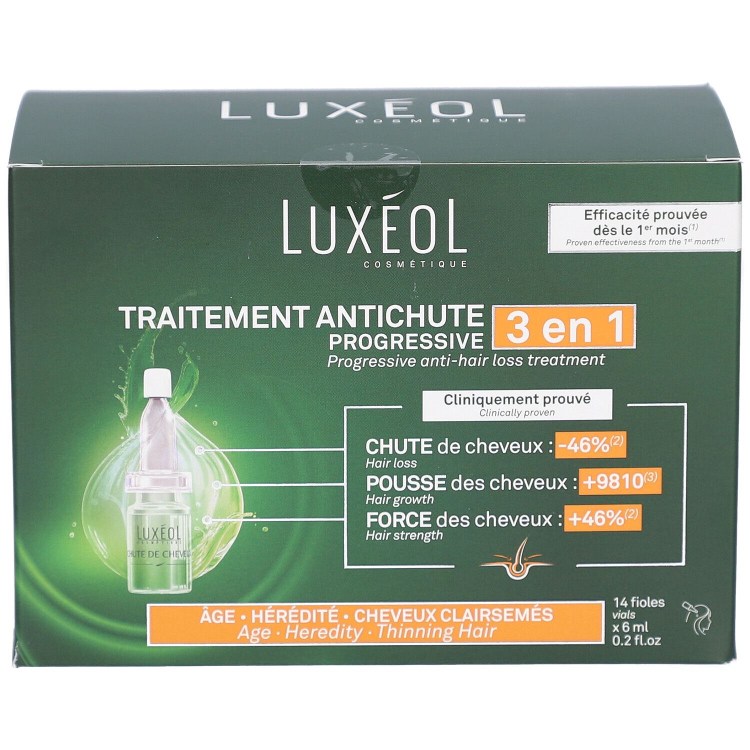 Boîte verte LUXEOL. Traitement antichute 3 en 1. Contient 14 flacons. Efficacité prouvée. Réduit la chute, favorise la croissance des cheveux.