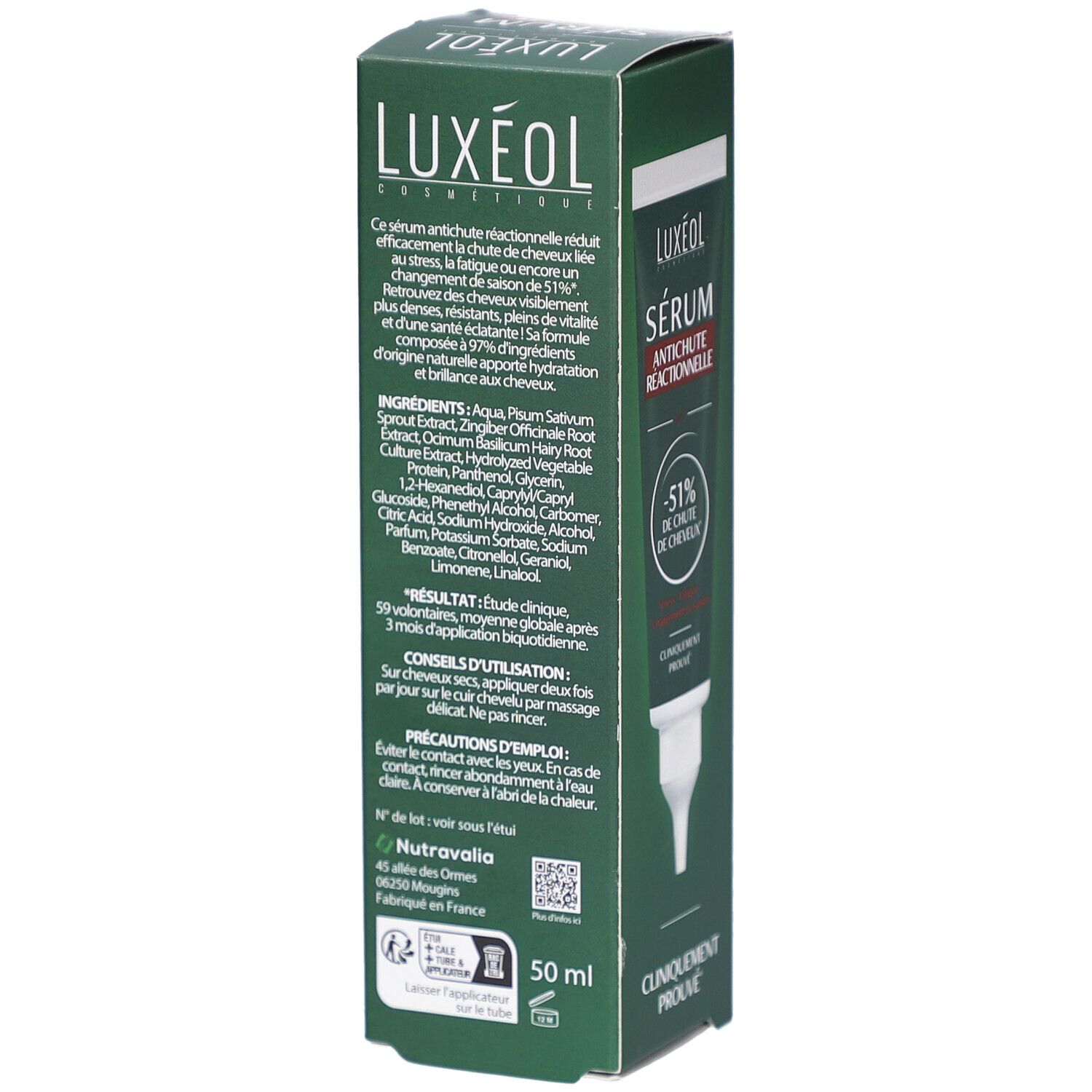 Boîte verte avec sérum antichute. -51% de chute de cheveux. Cliniquement prouvé. Dos avec ingrédients.